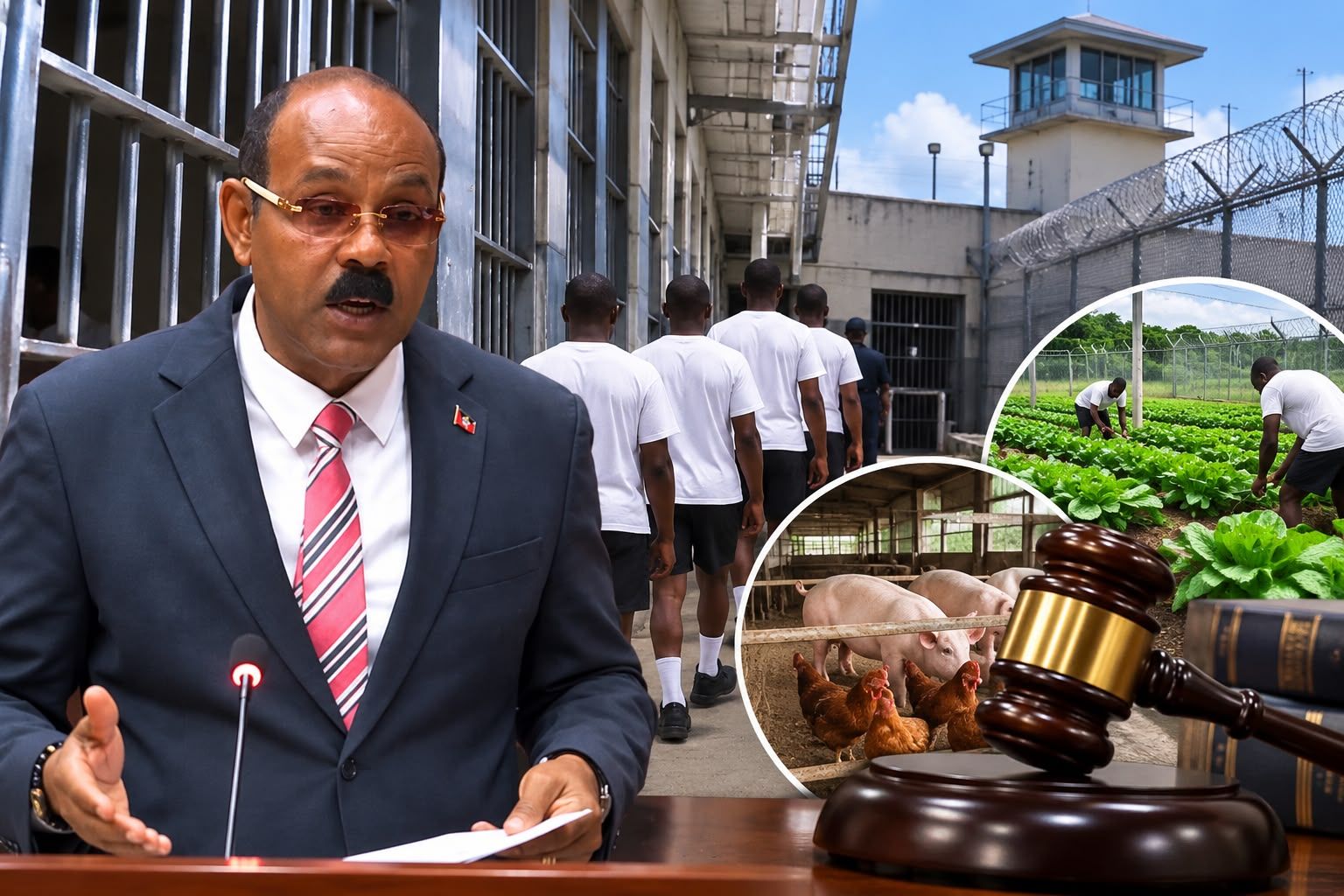 A news illustration featuring Prime Minister Gaston Browne alongside prison inmates, agricultural rehabilitation activities and a judge’s gavel, representing the Government’s push for prison reform, rehabilitation and tougher criminal sentencing.
