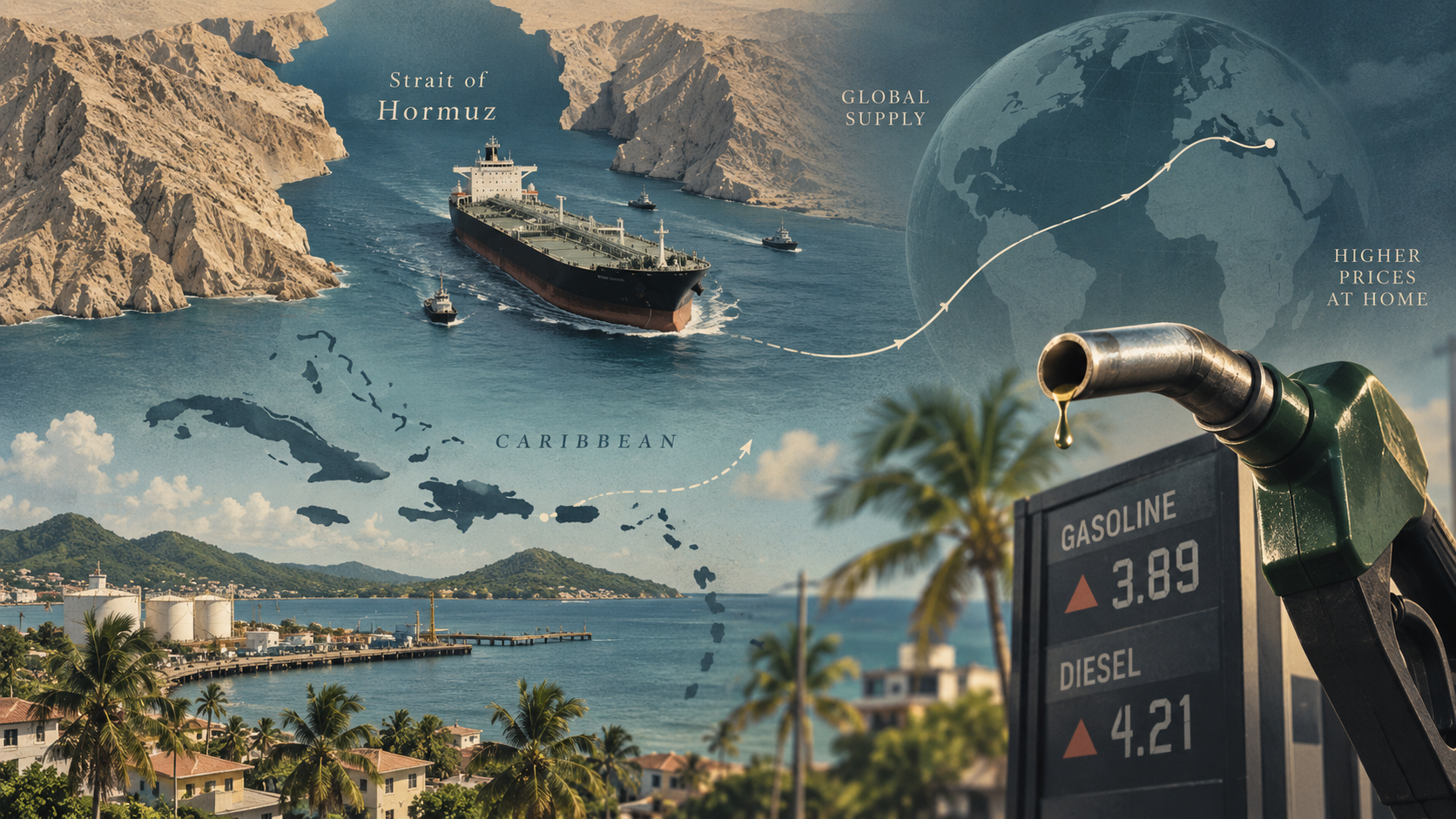 Illustration of an oil tanker, a Caribbean port and a fuel nozzle linking Hormuz disruption to gasoline and diesel prices.