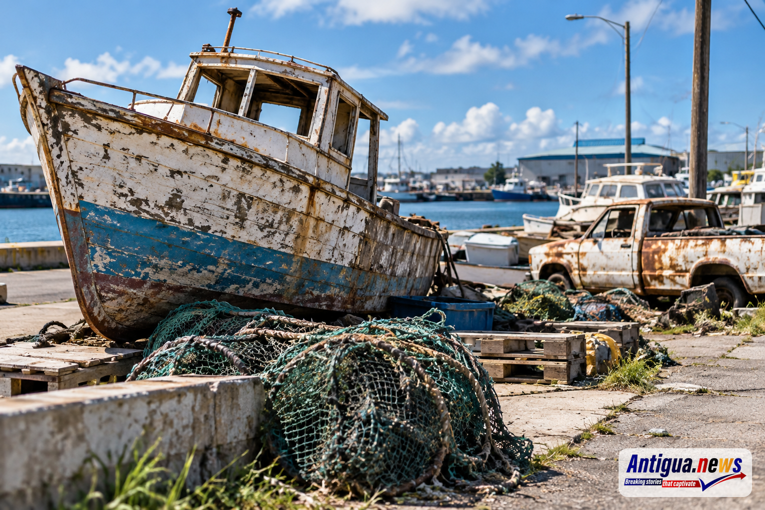 An AI-generated illustration depicting a deteriorating fishing vessel surrounded by discarded fishing nets, marine equipment and a rusting vehicle along a waterfront. The image highlights the environmental concerns behind the Fisheries Division’s October 28 deadline for owners to remove abandoned property or face cleanup costs.