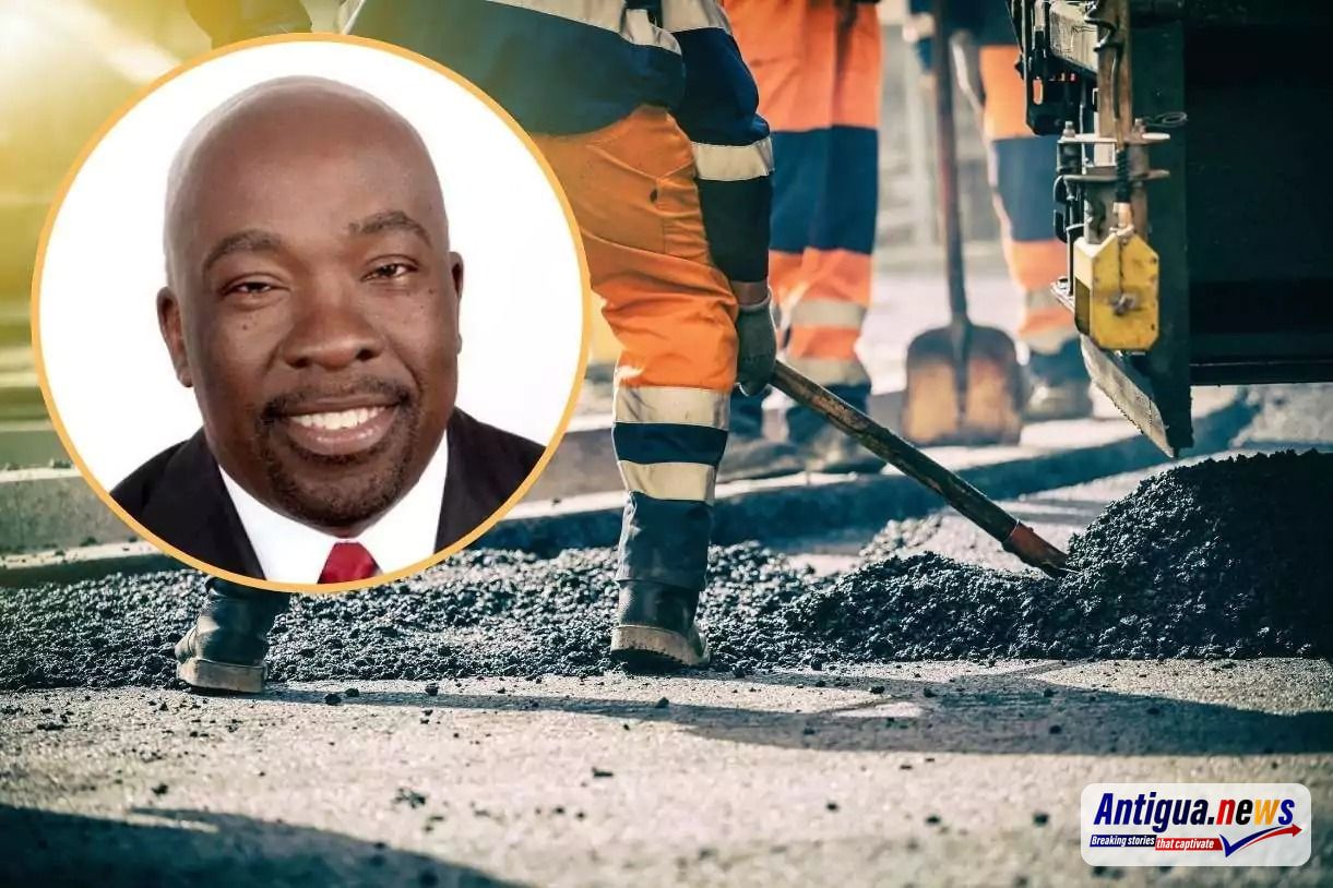composite image featuring Minister Melford Nicholas and road construction workers laying asphalt. The image illustrates ongoing efforts to complete utility installations and facilitate road resurfacing in St John’s ahead of the Commonwealth Heads of Government Meeting, scheduled for November 1–4, 2026.