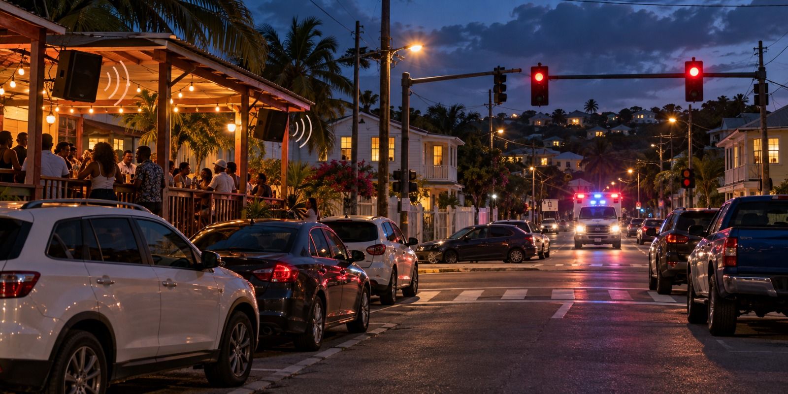 Cars line both sides of the road near the traffic lights, while an ambulance approaches in the distance with its lights flashing. Homes sit close to the road.