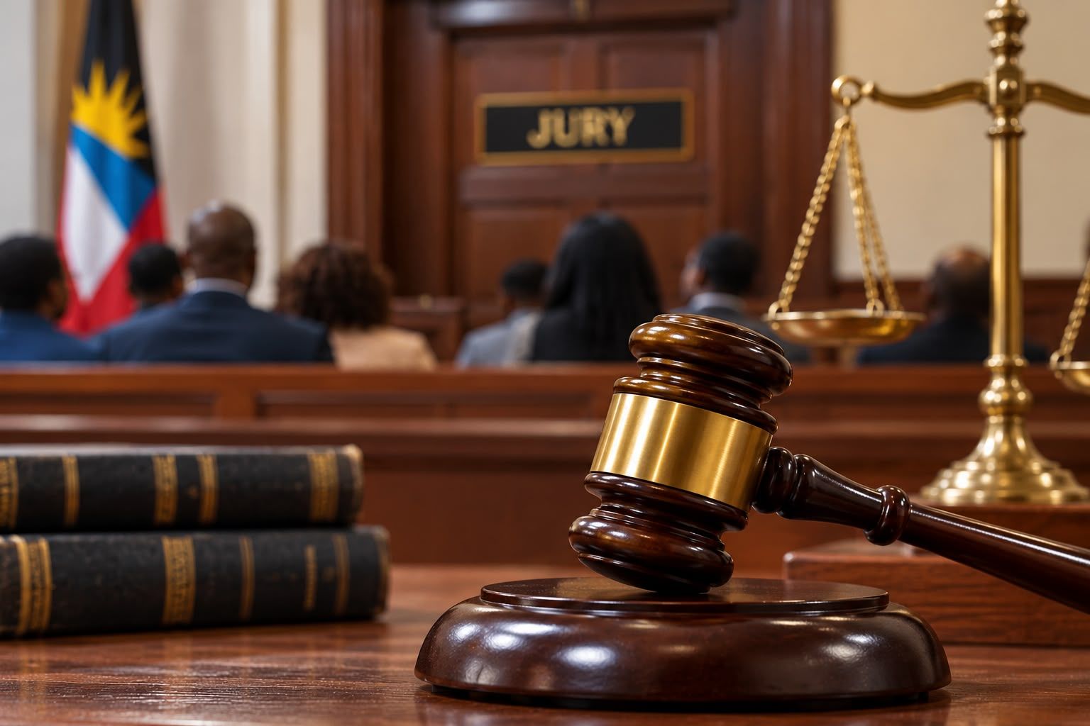 A news illustration depicting a courtroom setting with a judge’s gavel, scales of justice, law books and a jury in the background, representing the conclusion of a criminal trial in which the accused was acquitted of both charges.