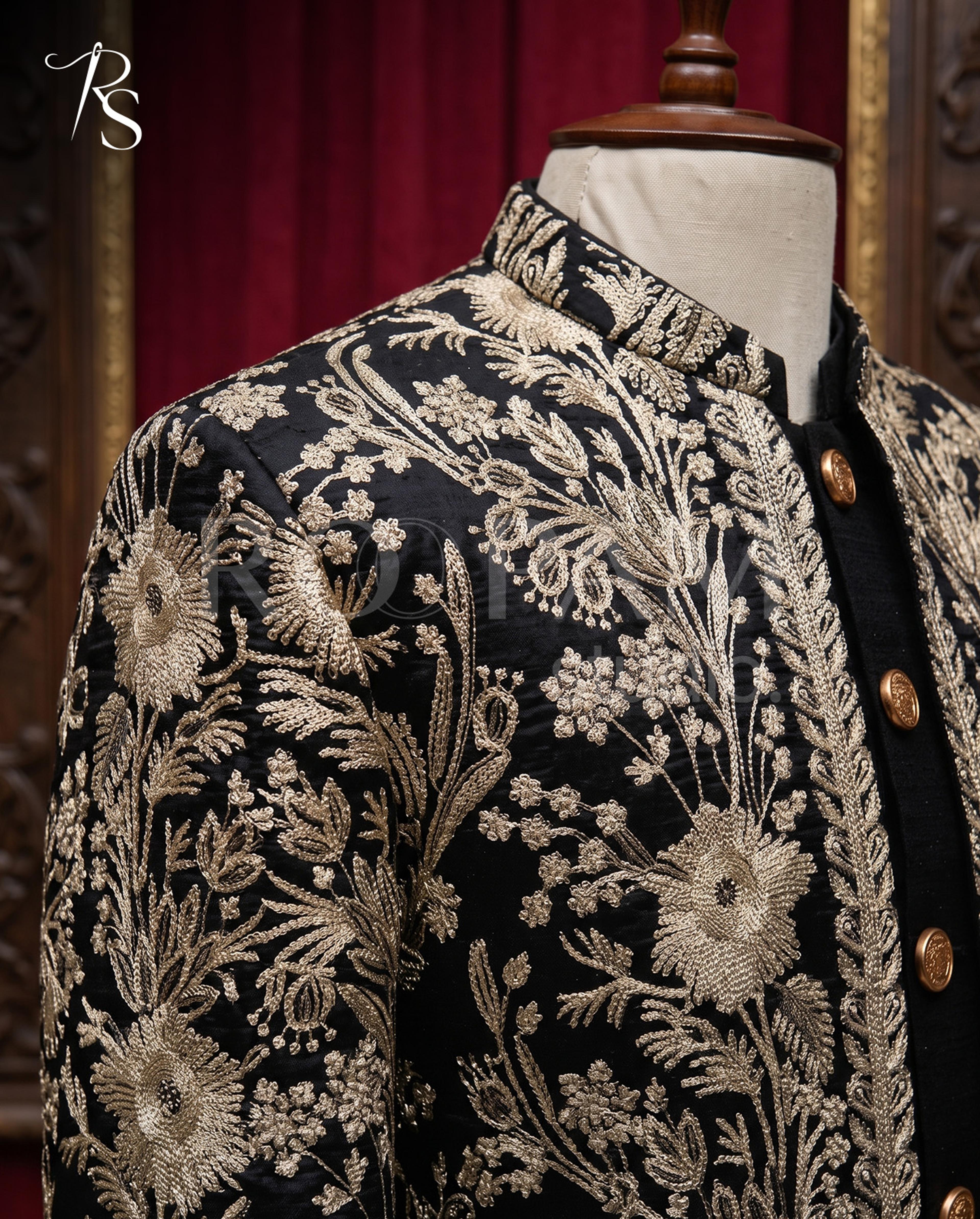 Luxury Jet Black & Gold Floral Embroidered Open-Front Short Sherwani (Complete Groom Package) - Thumbnail 3