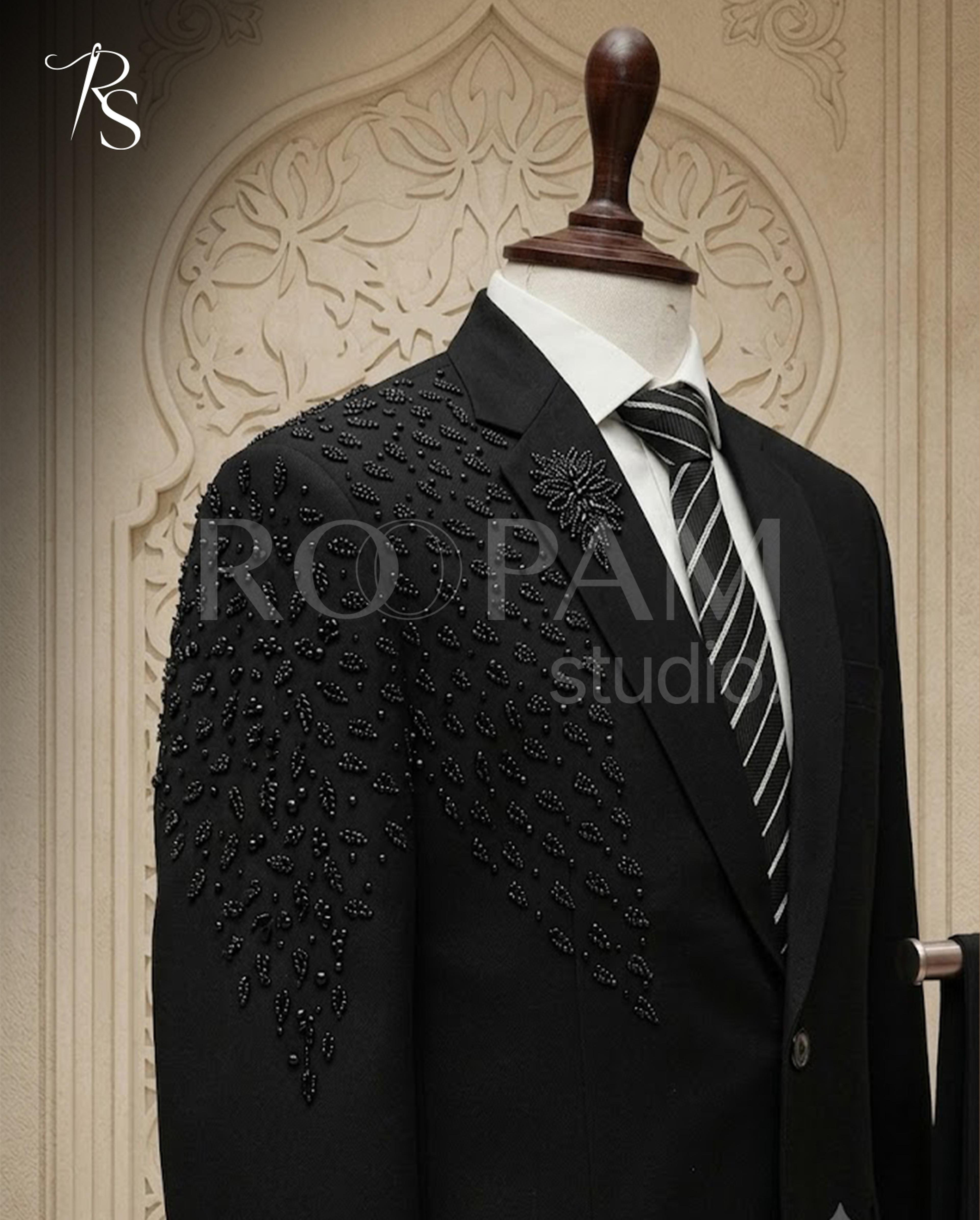 Premium Black Hand-Embellished Designer Suit (2-Piece) | Groom & Walima Wear - Thumbnail 2