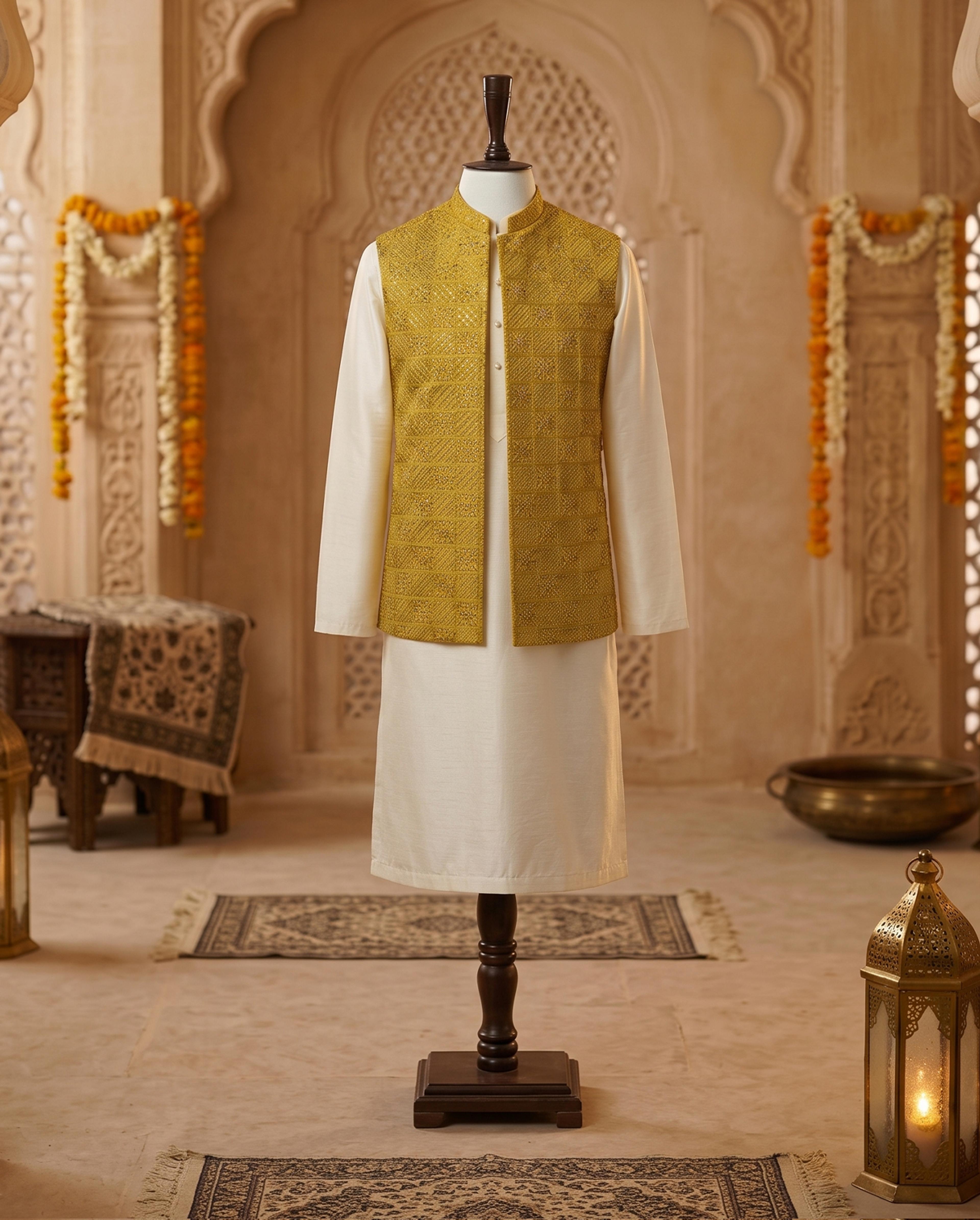 Premium Mustard Gold Geometric Embroidered Waistcoat