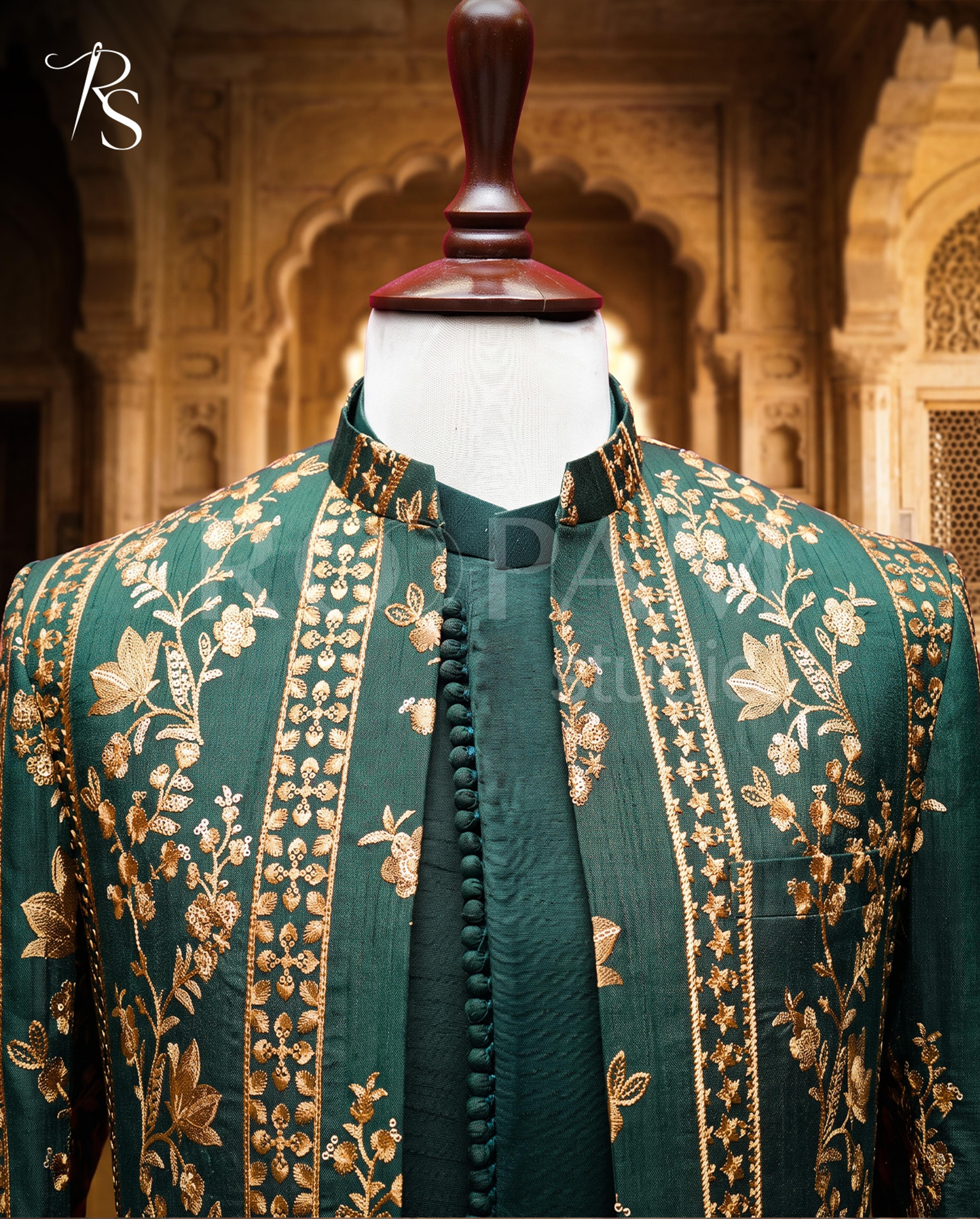 Roopam Studio Emerald Green Gold Embroidered Sherwani Set - Thumbnail 2