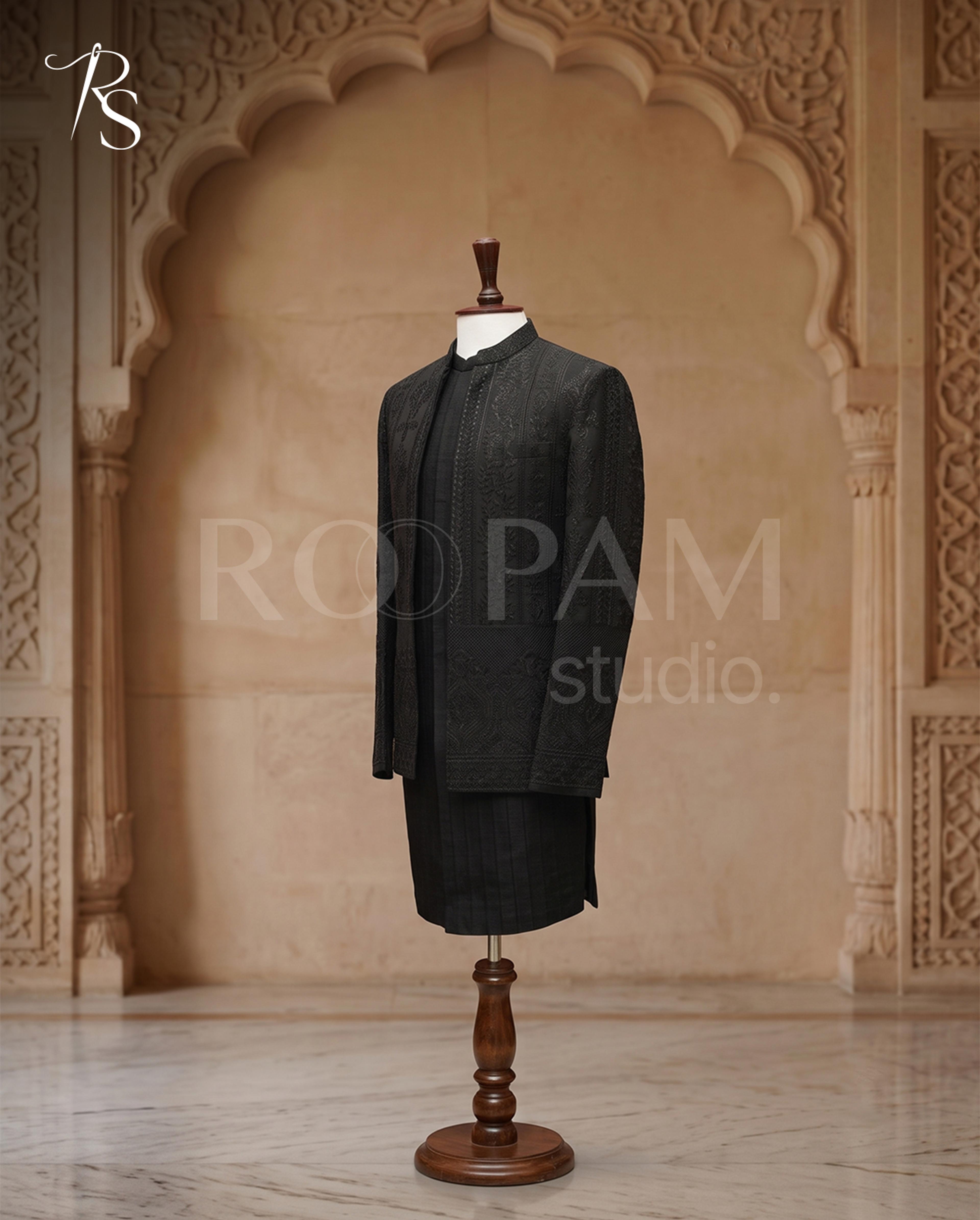 Black Self-Embroidered Groom Prince Coat