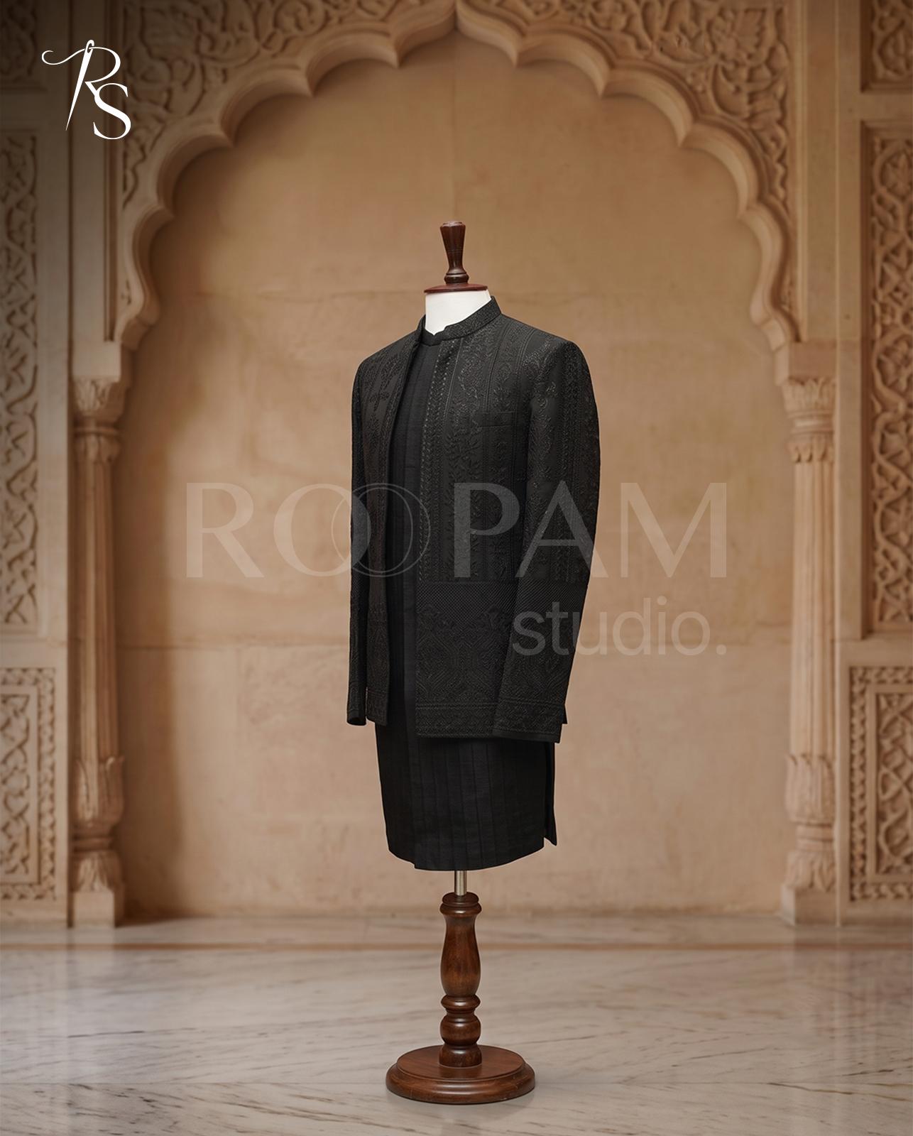 Black Self-Embroidered Groom Prince Coat - Image 1