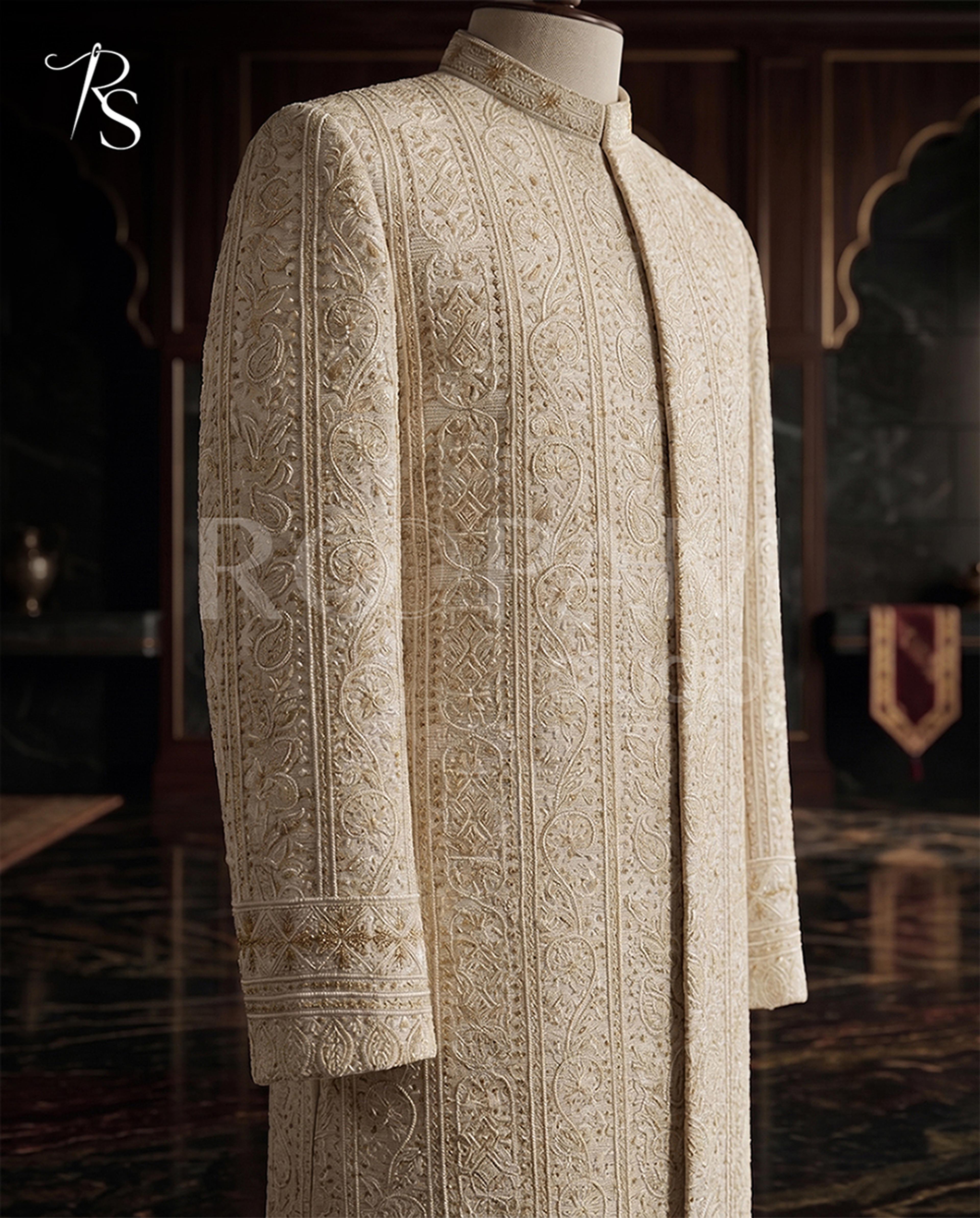 Ivory Gold Embroidered Masoori Groom's Sherwani - Thumbnail 2