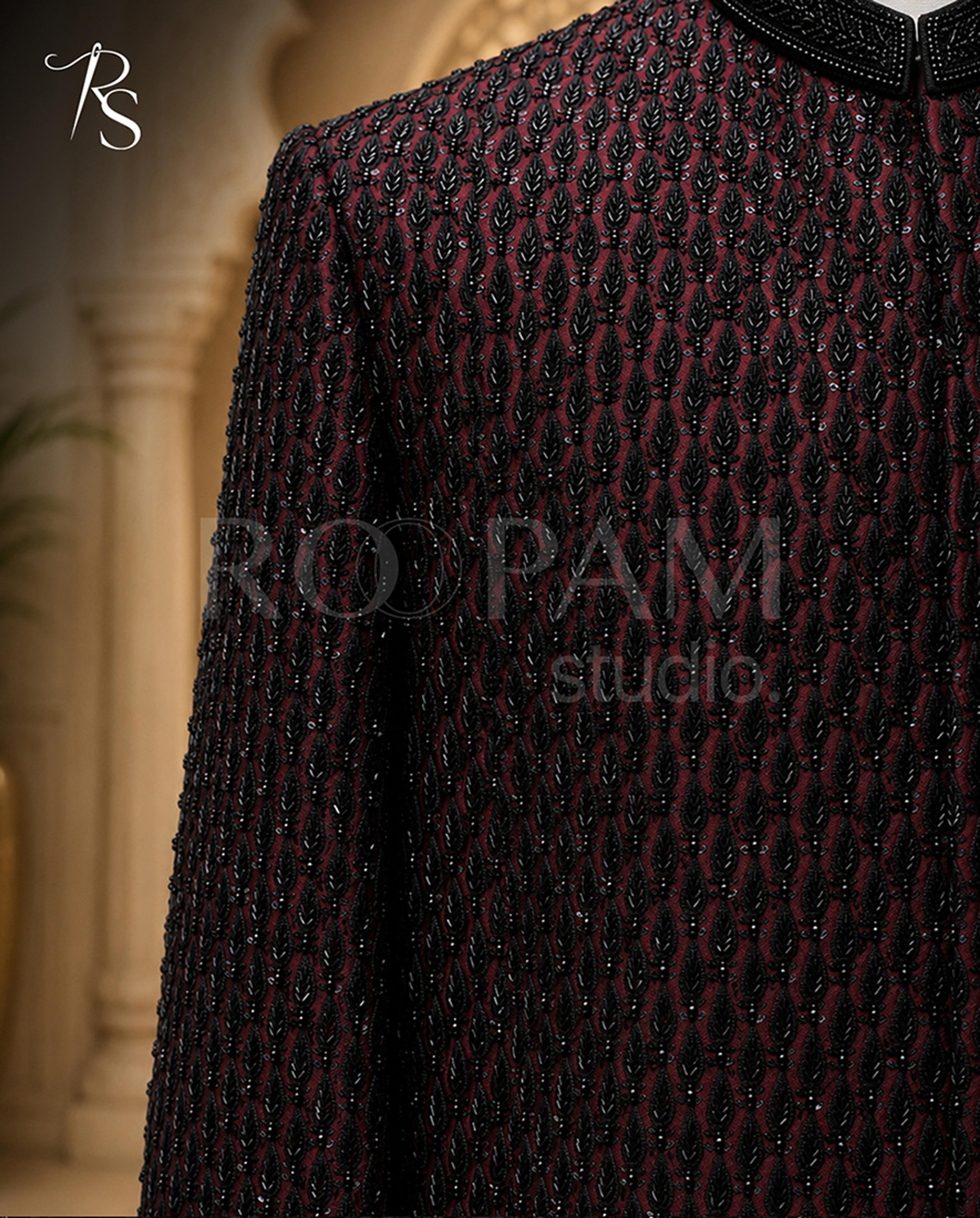 Majestic Deep Burgundy Leaf Motif Heavily Beaded Luxury Sherwani - Thumbnail 2