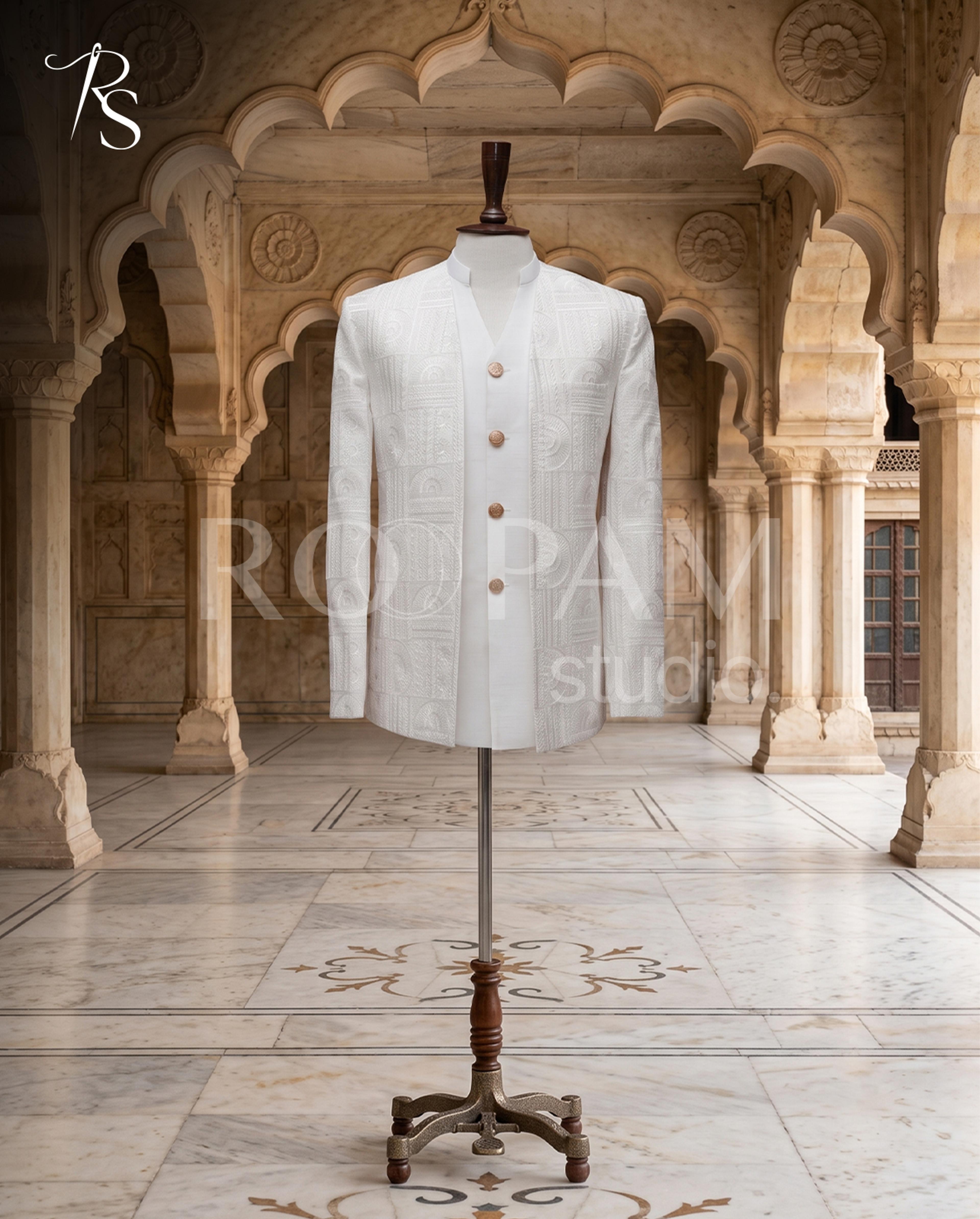 Premium White Geometric Embroidered Open Prince Coat - Thumbnail 3
