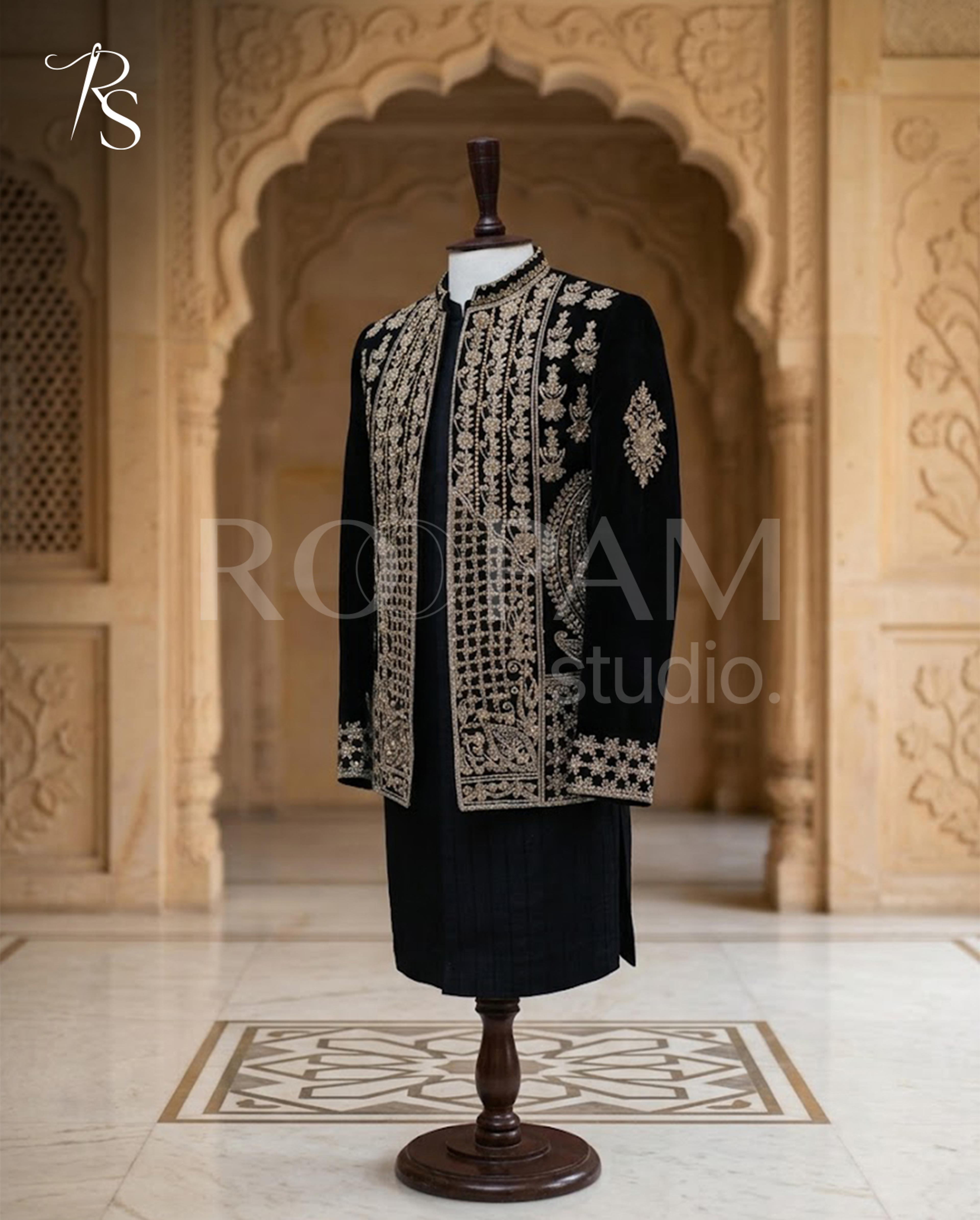 Imperial Black & Gold Embroidered Prince Coat - Thumbnail 3