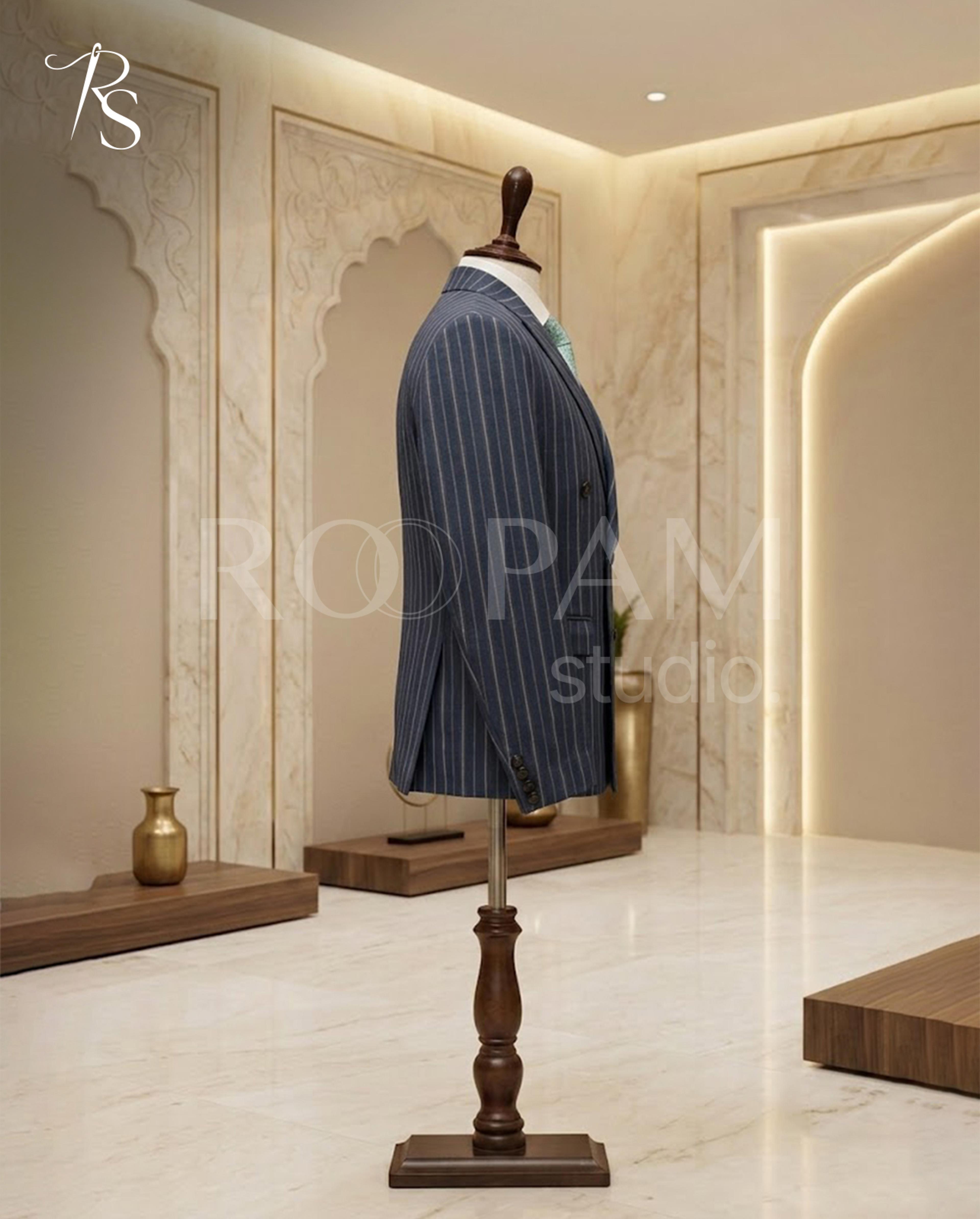 Premium Navy Blue Pinstripe Double-Breasted Suit (2-Piece) - Thumbnail 2