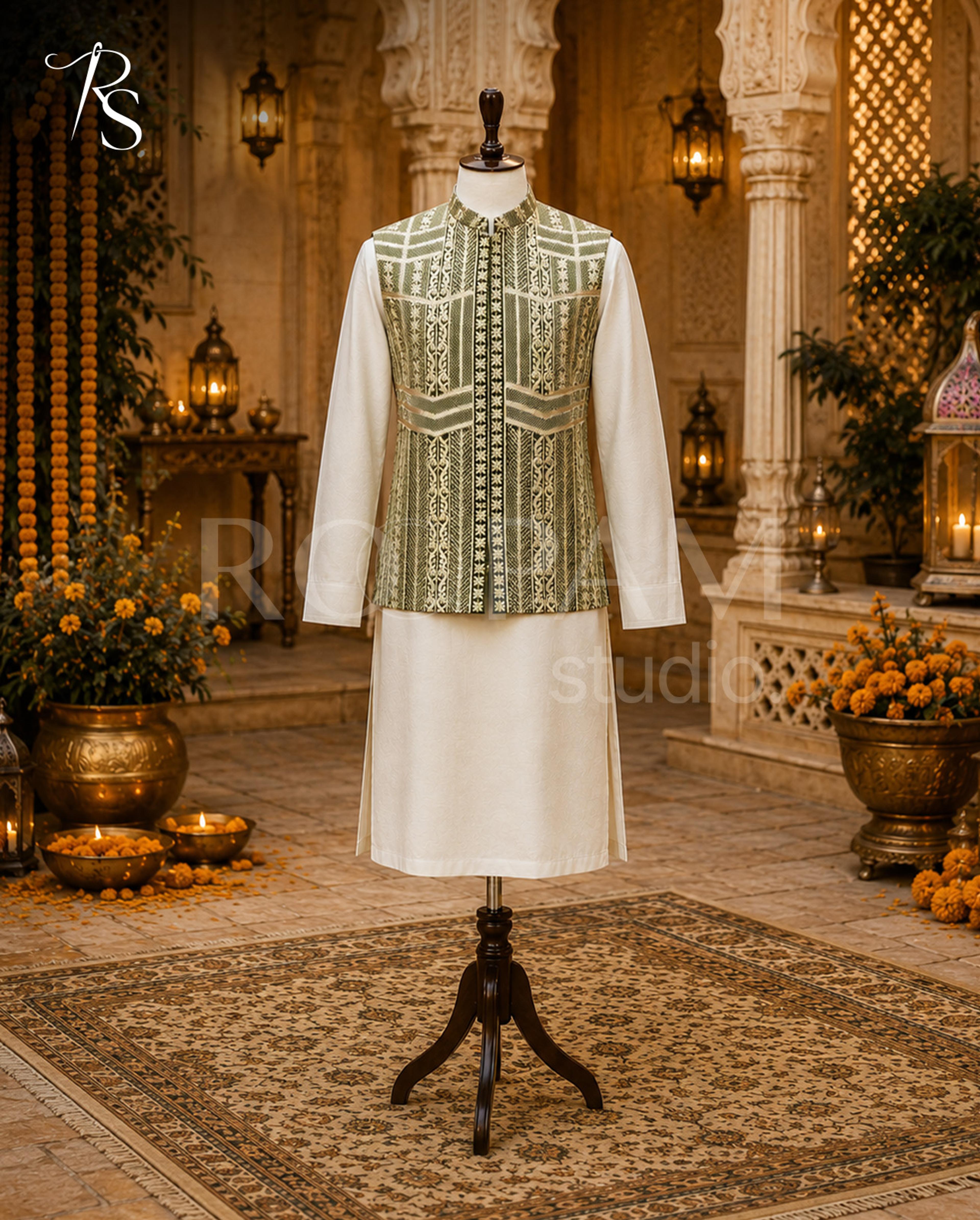 Premium Olive Green Geometric Embroidered Waistcoat - Thumbnail 2