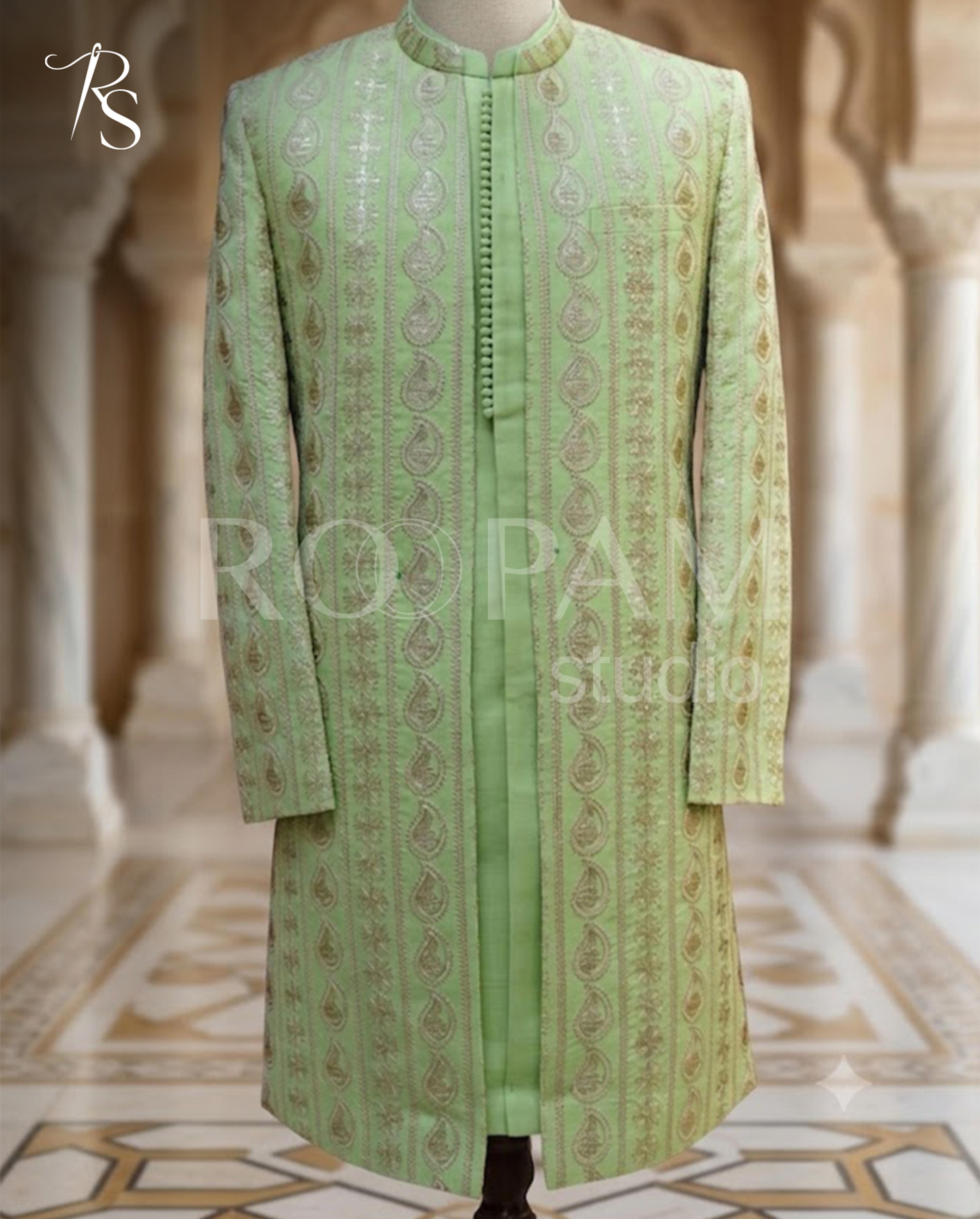 Pistachio Green Embroidered Groom Sherwani - Thumbnail 3