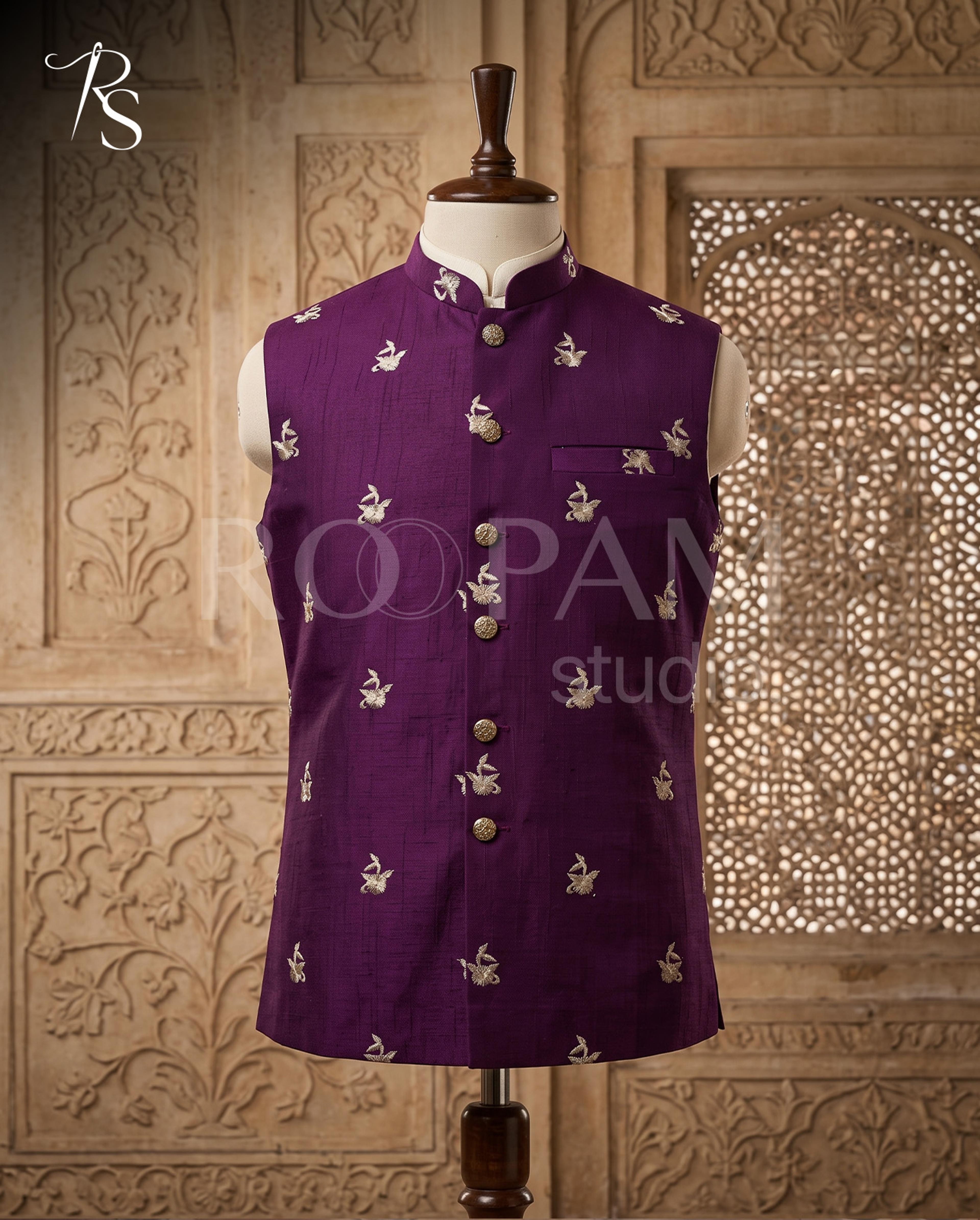Roopam Studio Royal Purple Embroidered Luxury Waistcoat - Thumbnail 3