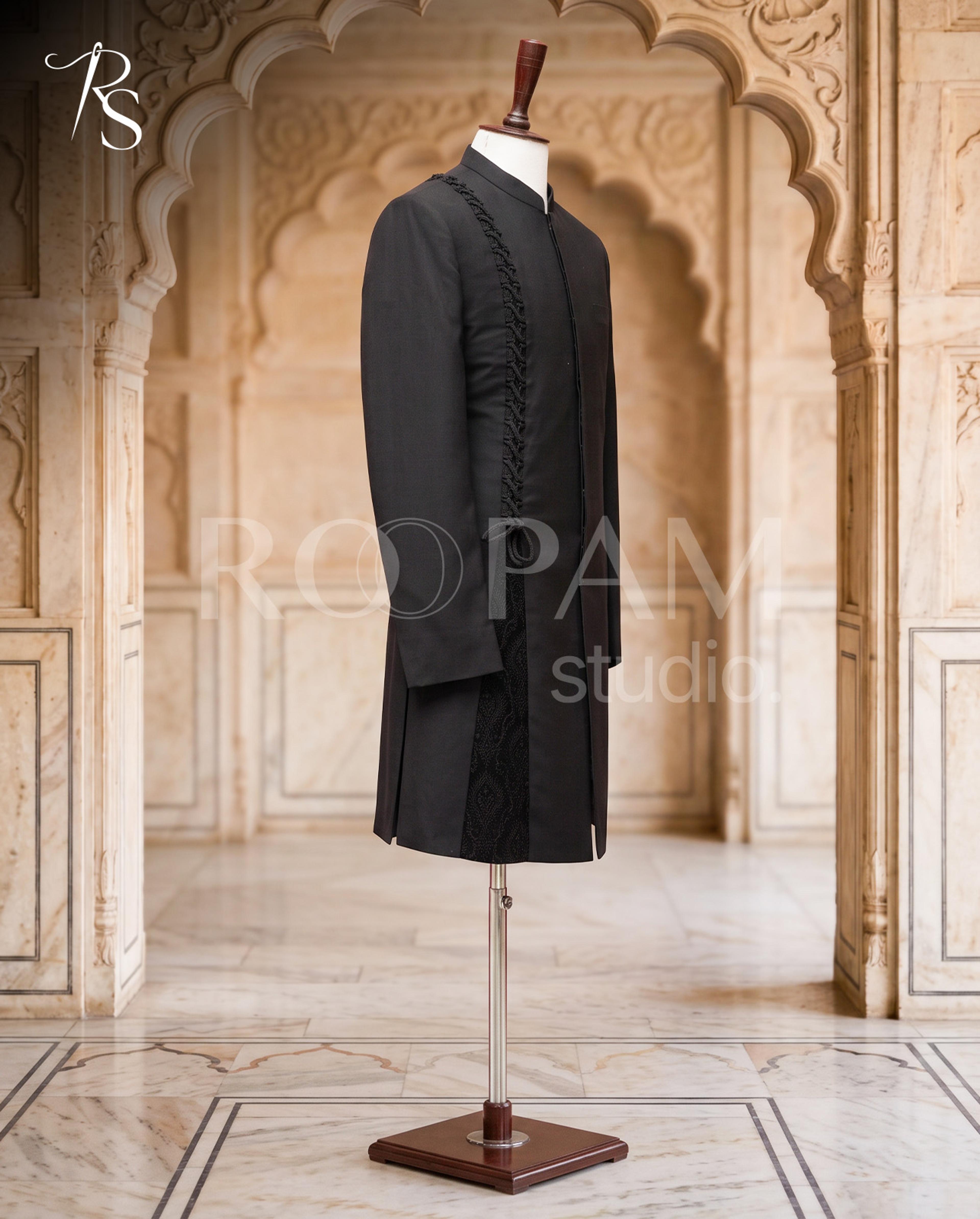 Luxury Jet Black Braided-Accent Designer Sherwani - Thumbnail 1