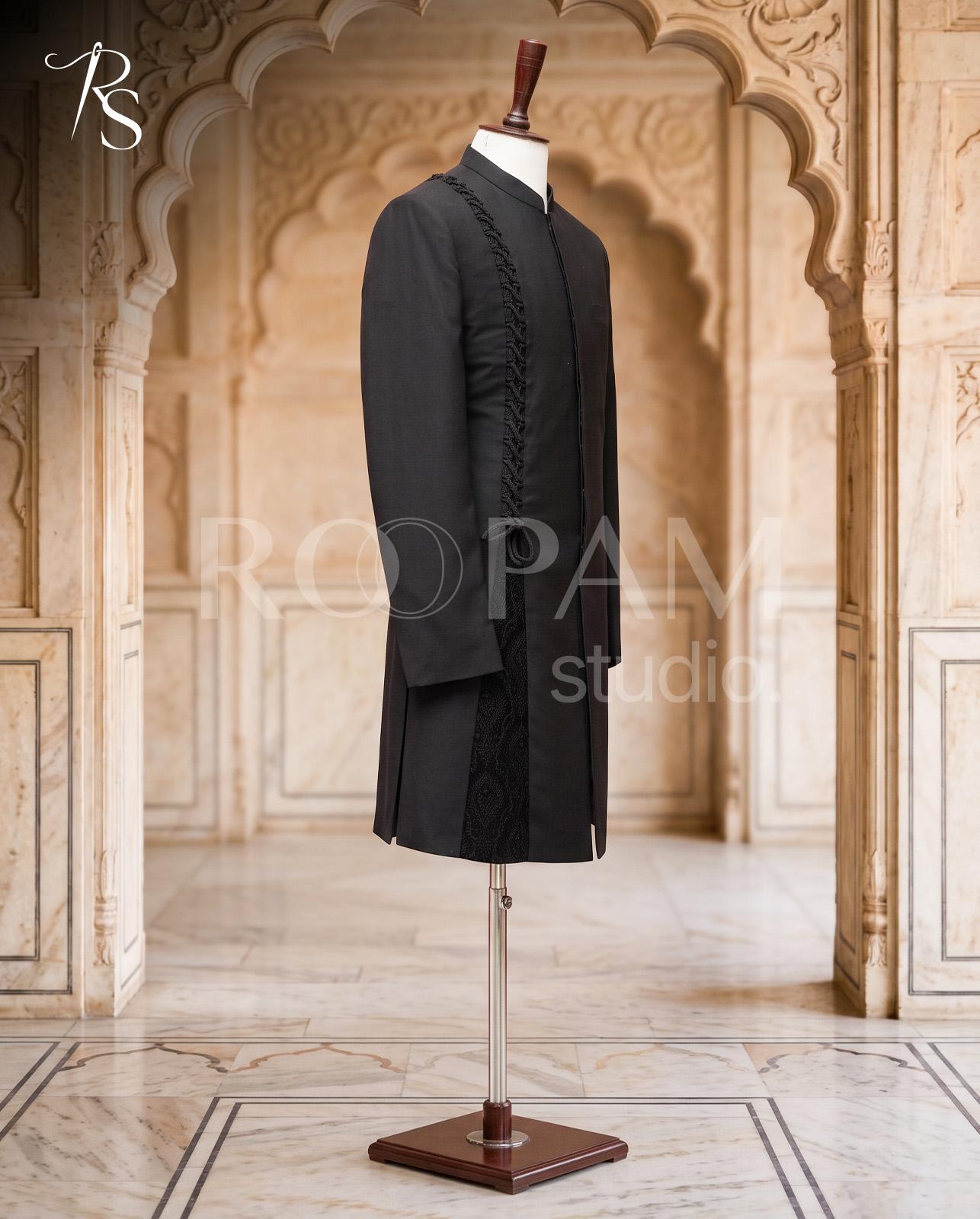 Luxury Jet Black Braided-Accent Designer Sherwani - Image 1