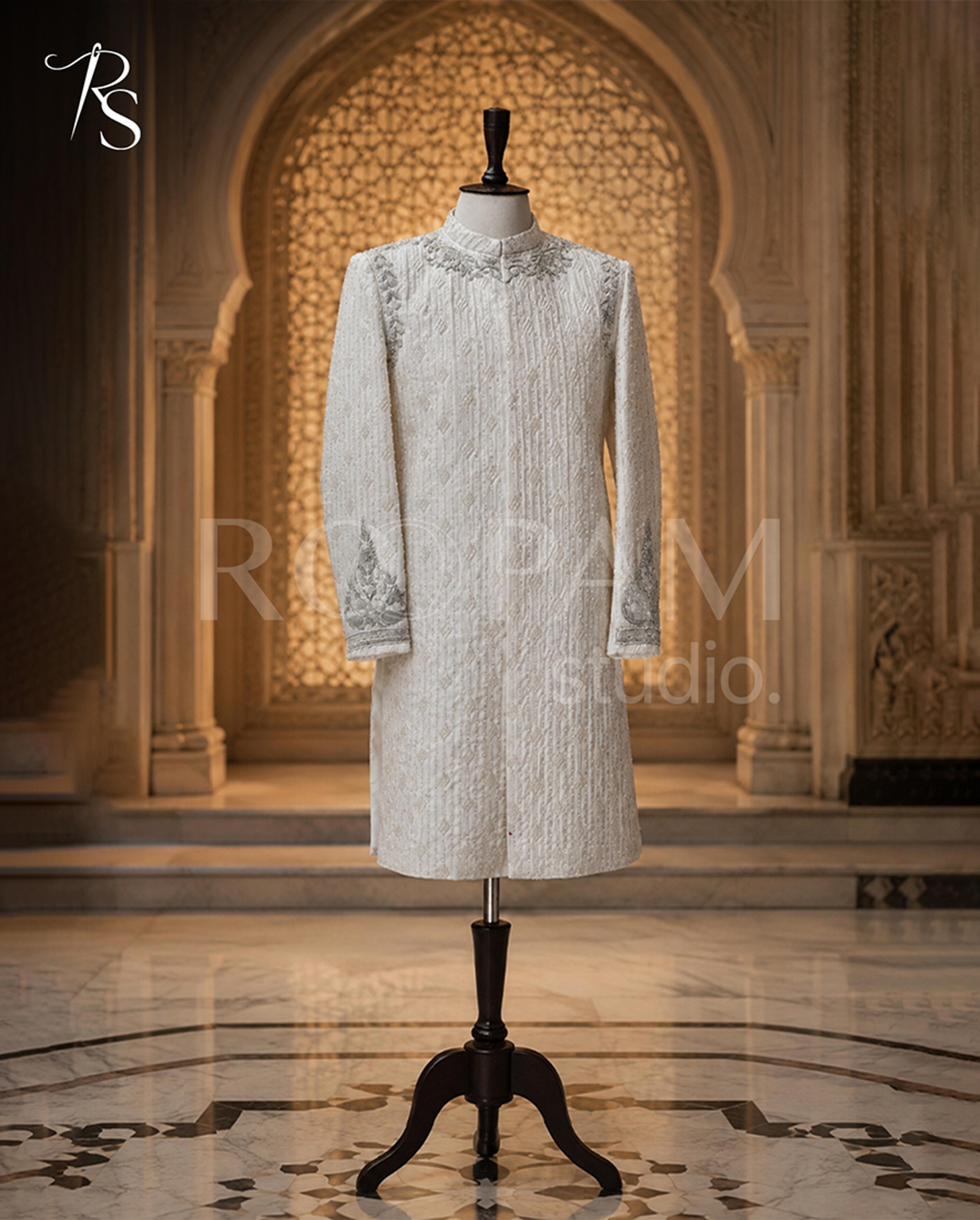 Designer Ivory Long Sherwani with Silver Accents and Pearl Embroidery - Thumbnail 1