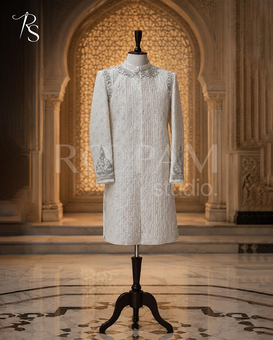 Designer Ivory Long Sherwani with Silver Accents and Pearl Embroidery - Image 1
