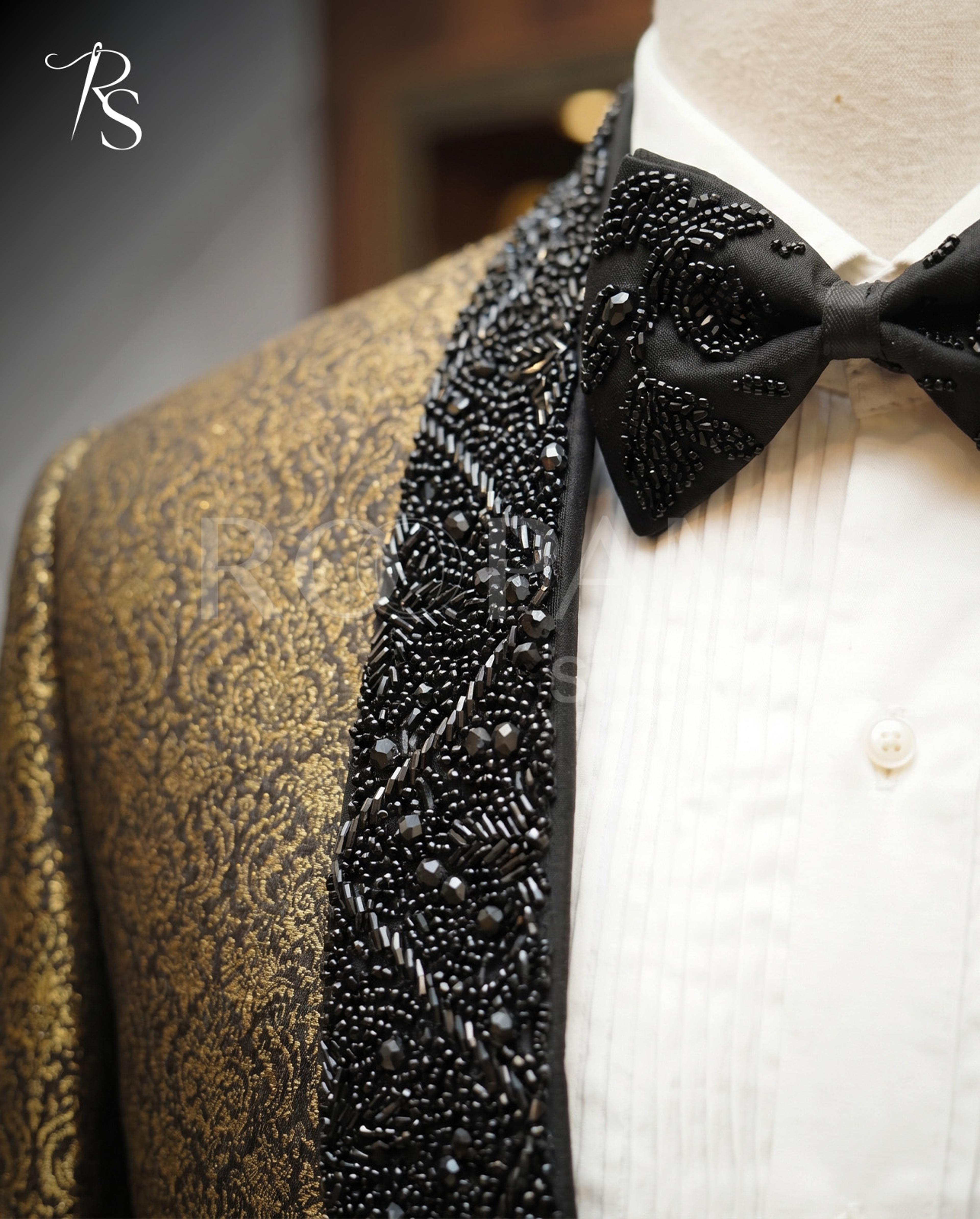 Premium Gold Jacquard Tuxedo with Beaded Lapel - Thumbnail 4