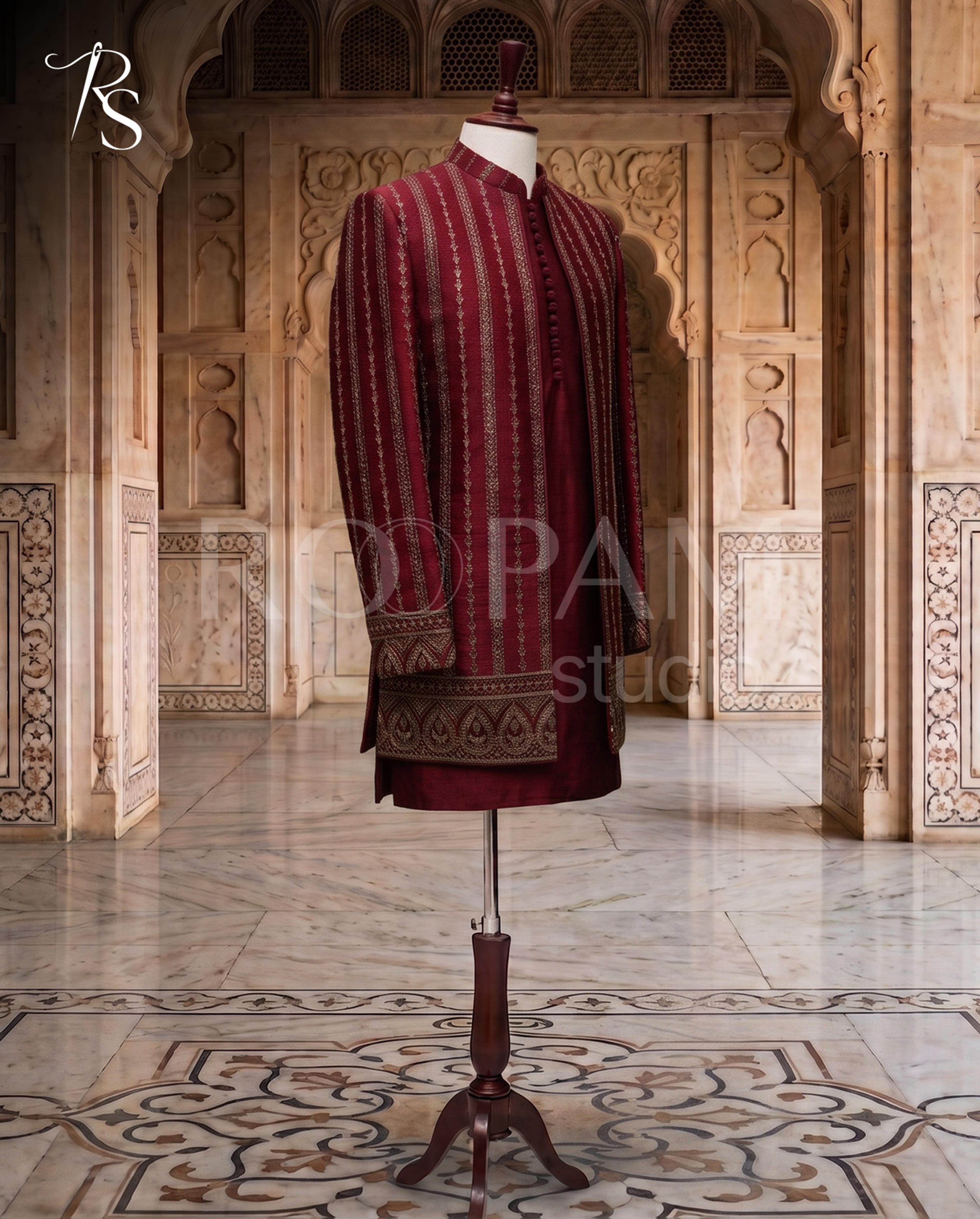 Roopam Studio Maroon Striped Embroidered Sherwani Suit - Thumbnail 2
