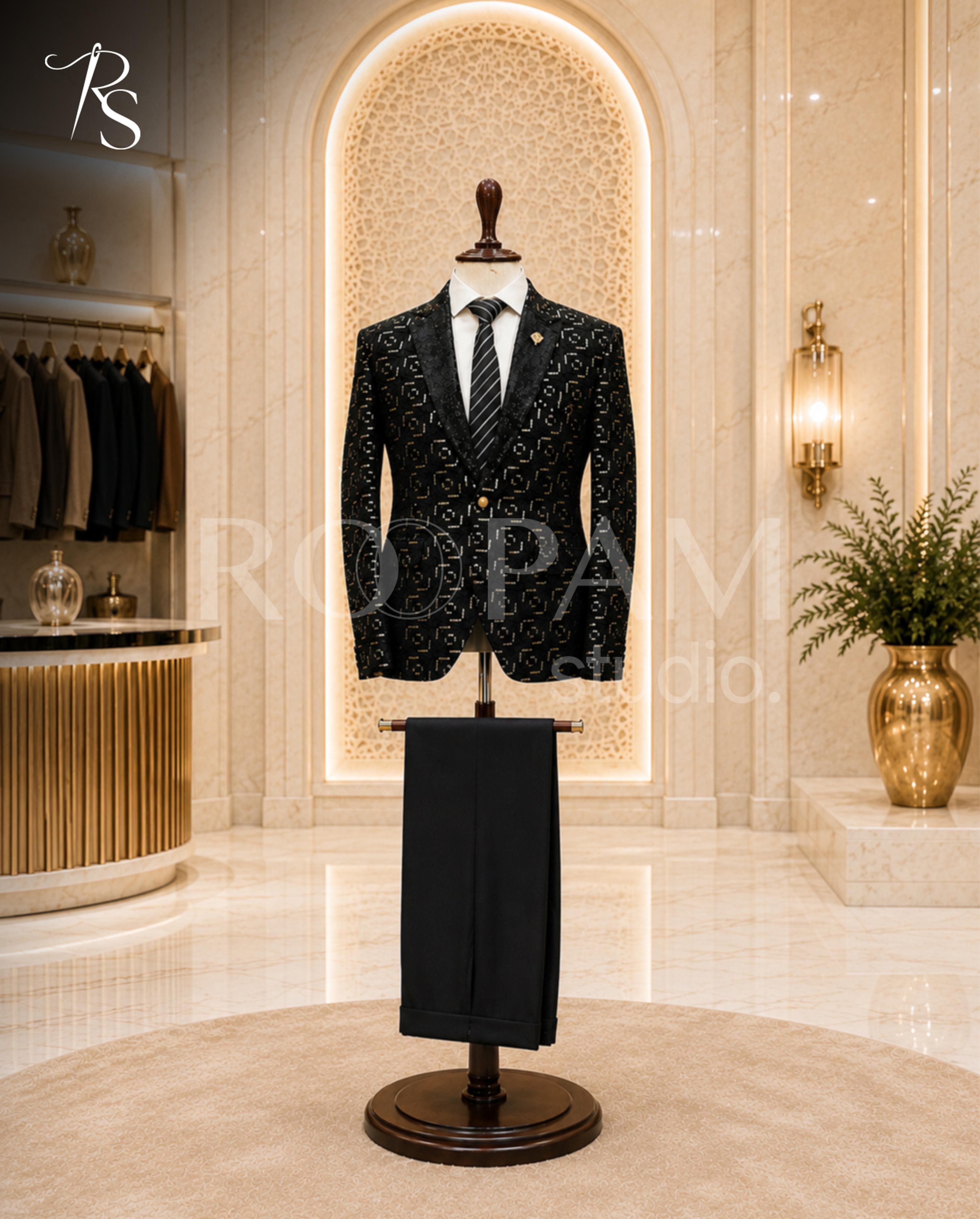 Glamorous Black & Gold Patterned 2-Piece Suit - Thumbnail 3
