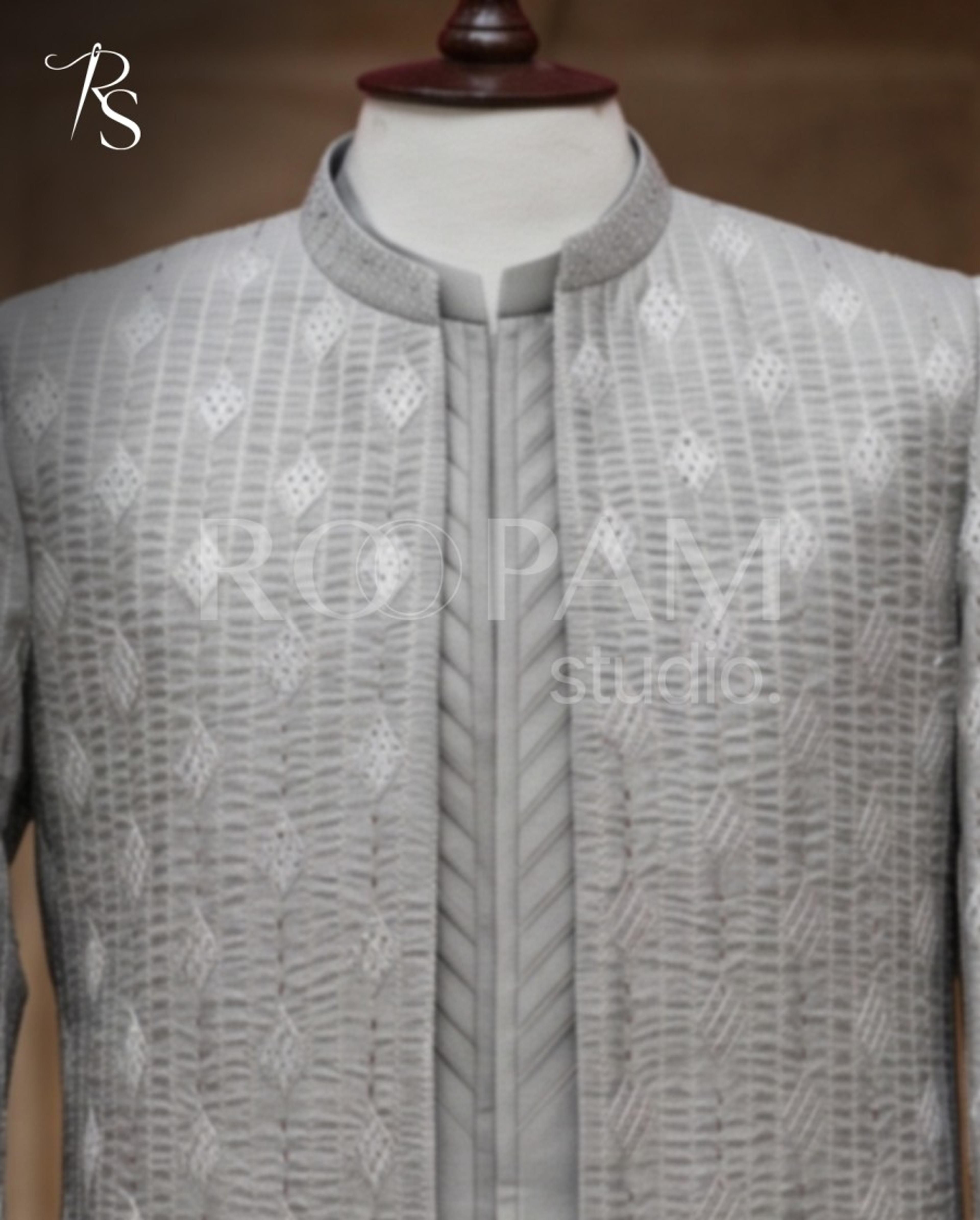 Sterling Silver Textured Diamond Groom Sherwani - Thumbnail 3