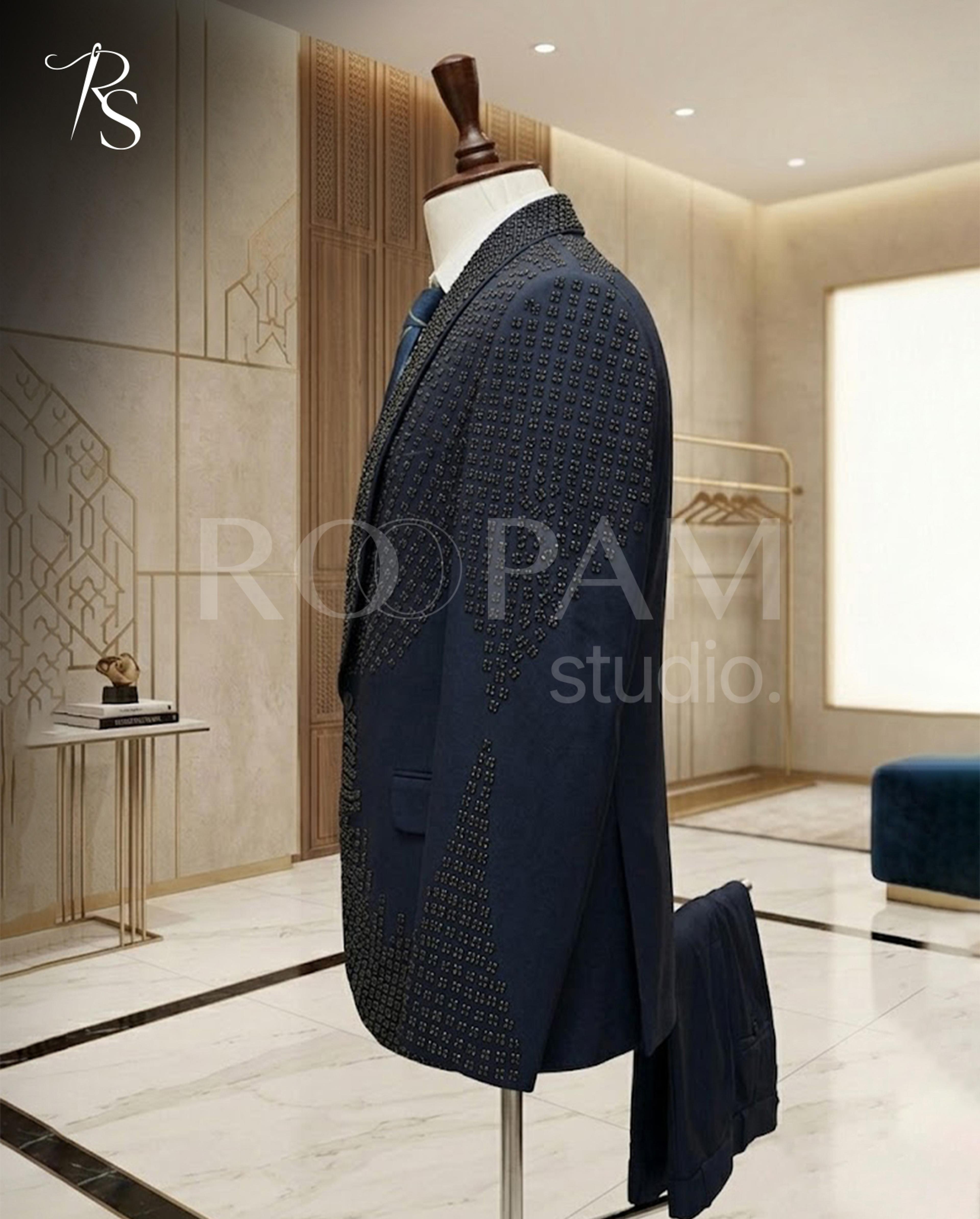 Premium Navy Blue Geometric Embellished Designer 3-Piece Suit  - Thumbnail 3