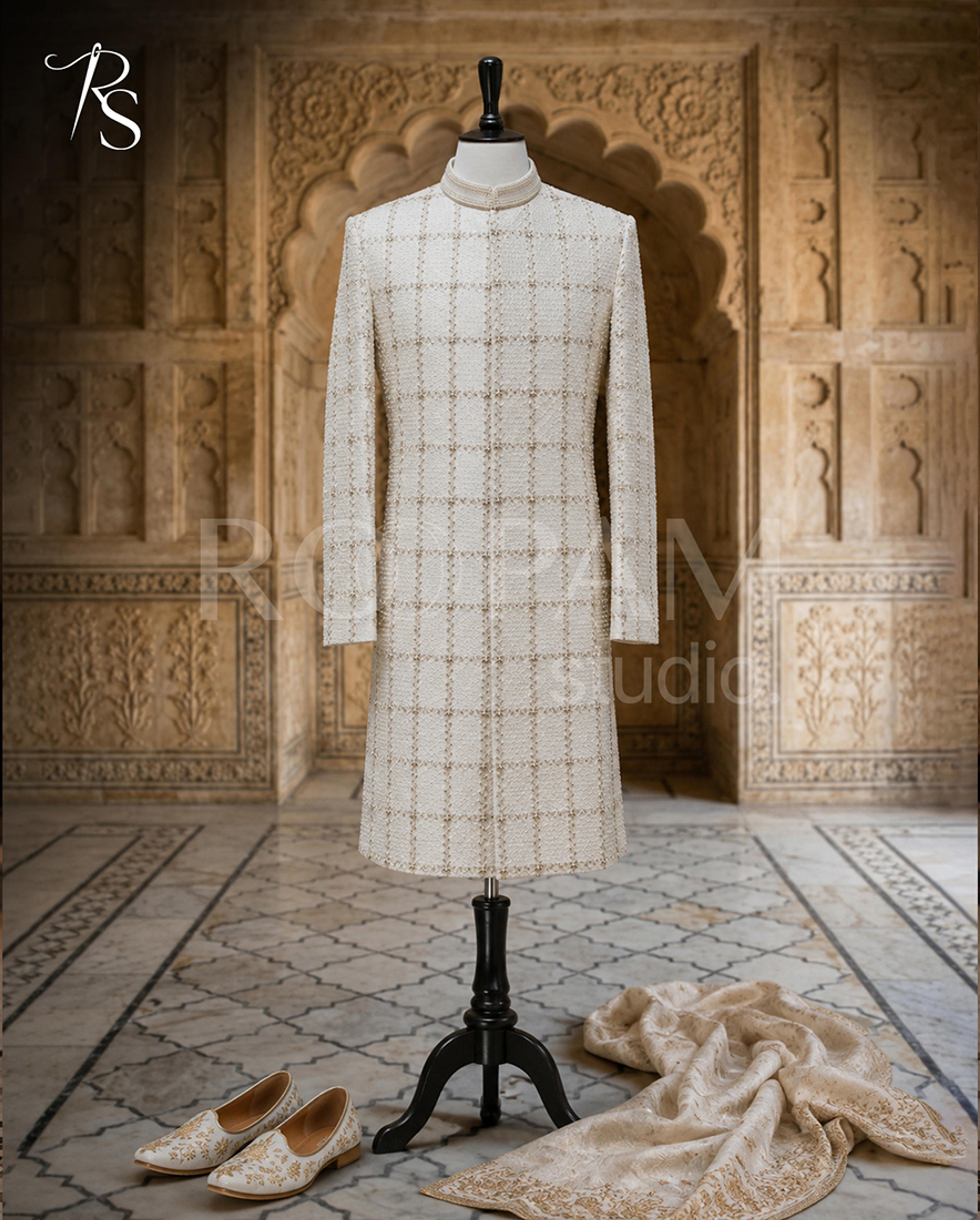 Imperial Ivory Pearl Grid-Work Long Sherwani