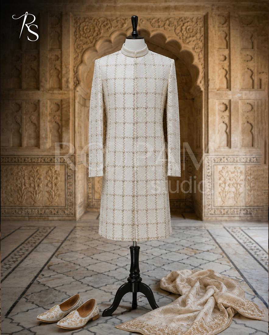 Imperial Ivory Pearl Grid-Work Long Sherwani - Image 1