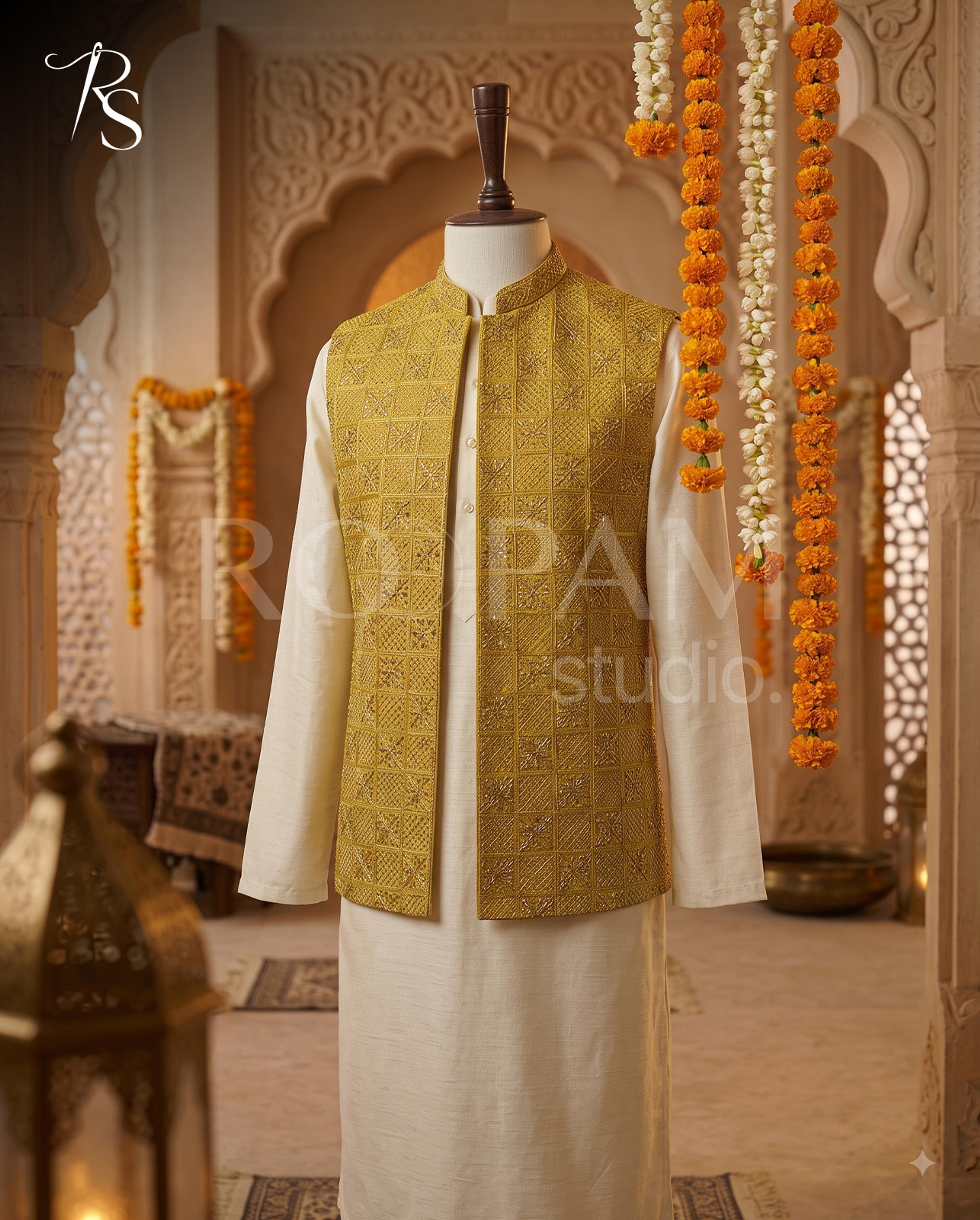 Premium Mustard Gold Geometric Embroidered Waistcoat - Thumbnail 2