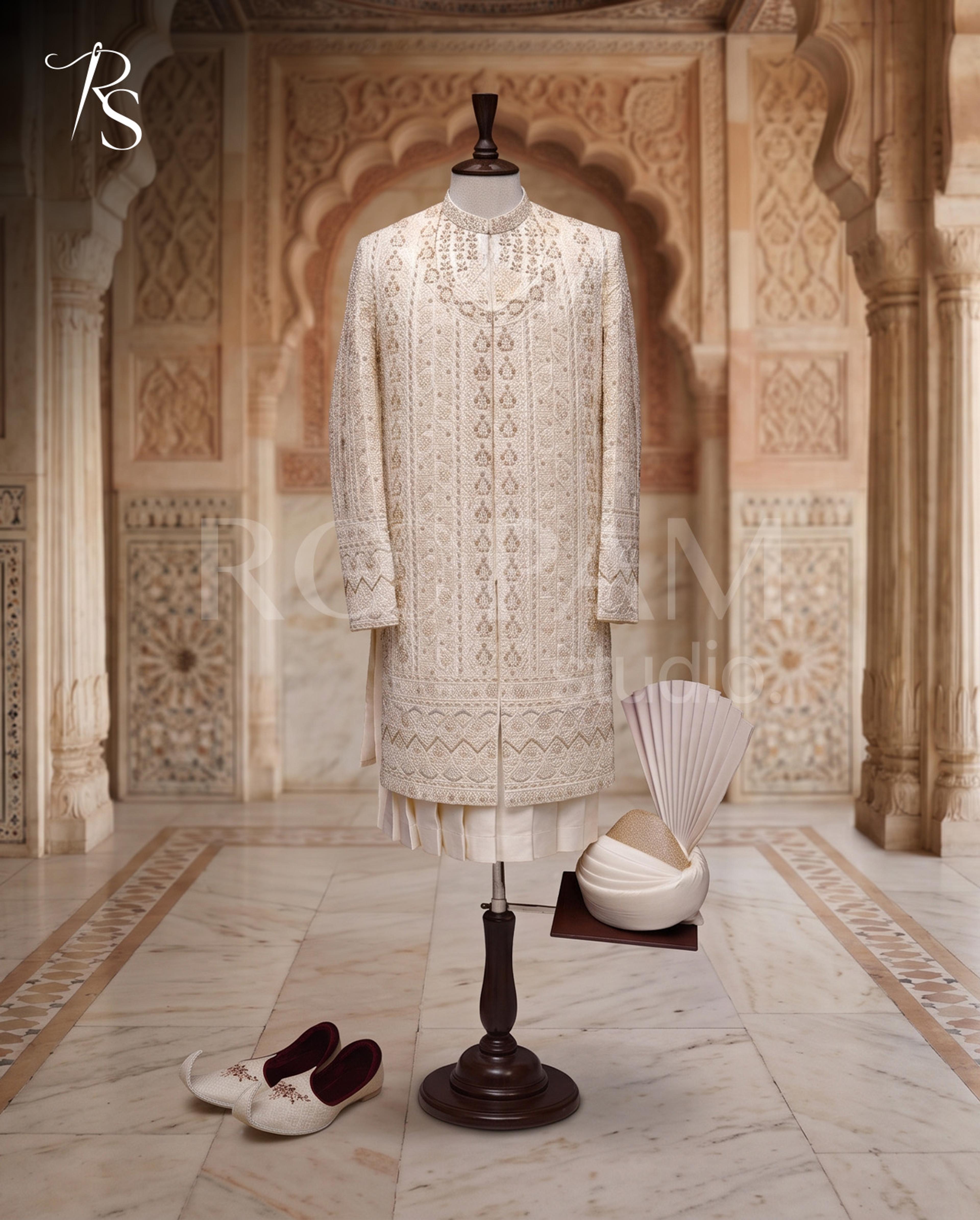 Roopam Studio Premium Cream Embellished Sherwani Set - Thumbnail 1