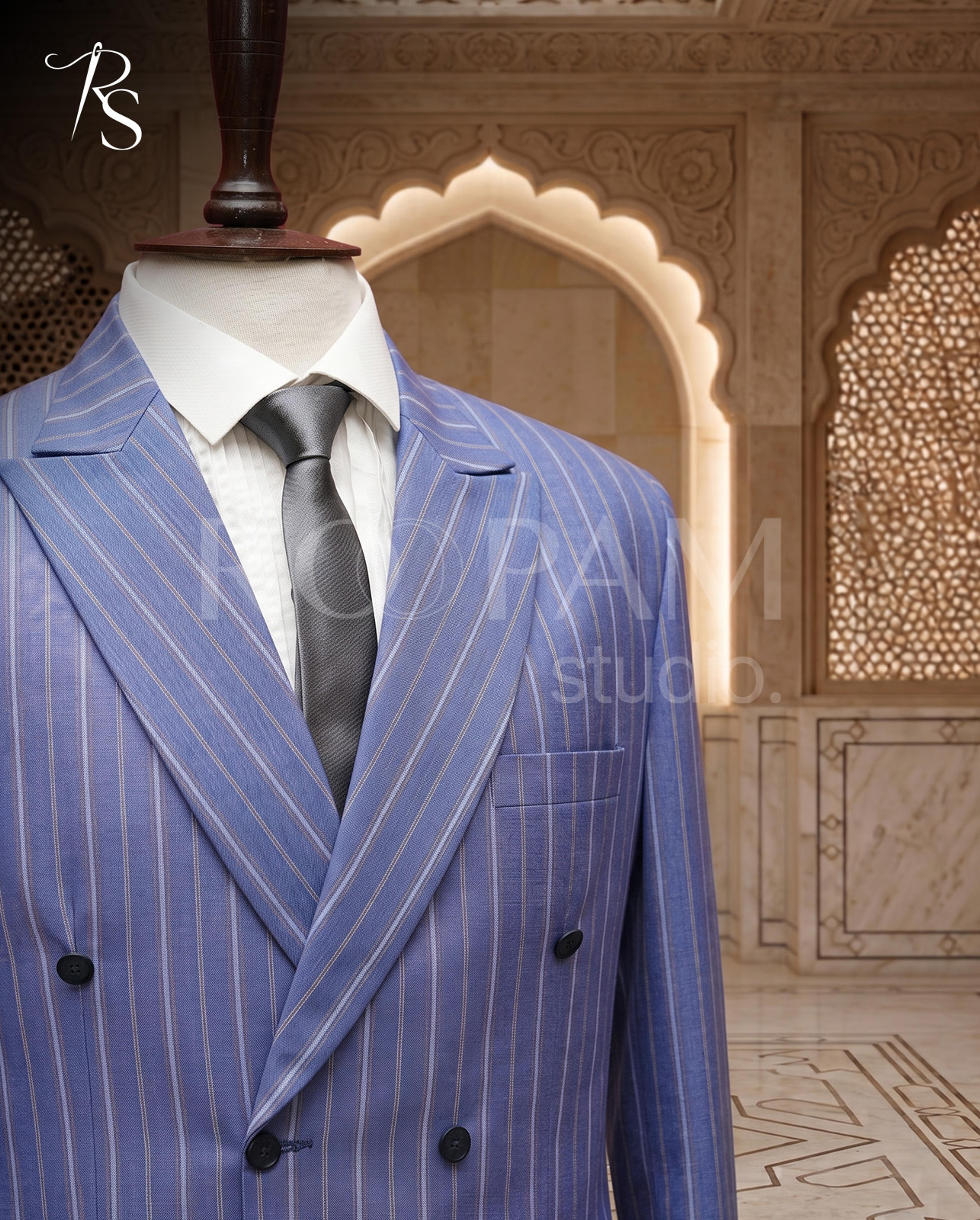 Premium French Blue Pinstripe Double-Breasted Suit (2-Piece) - Thumbnail 4