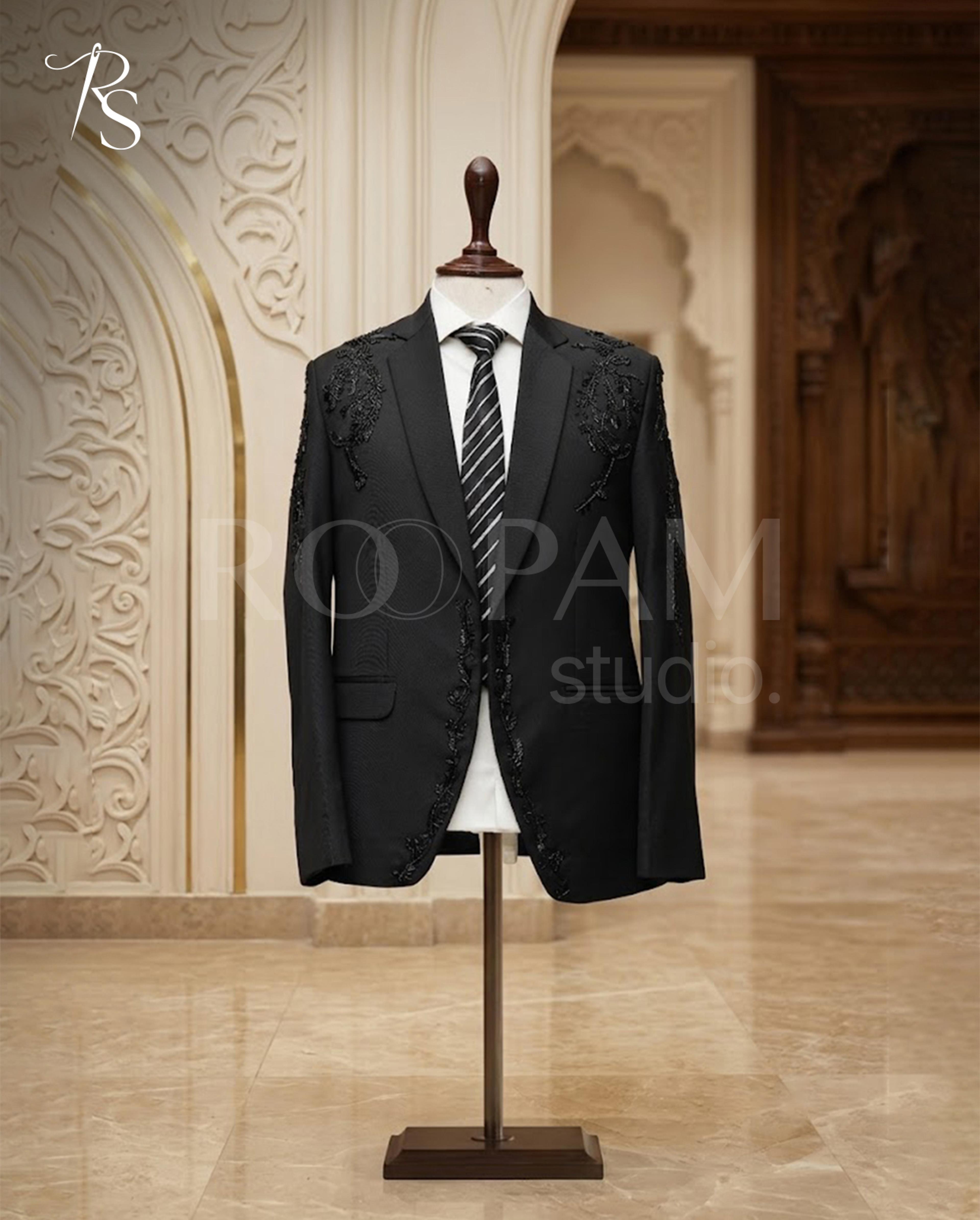 Premium Black Floral Vine Hand-Embellished Designer Suit (2-Piece) - Thumbnail 3