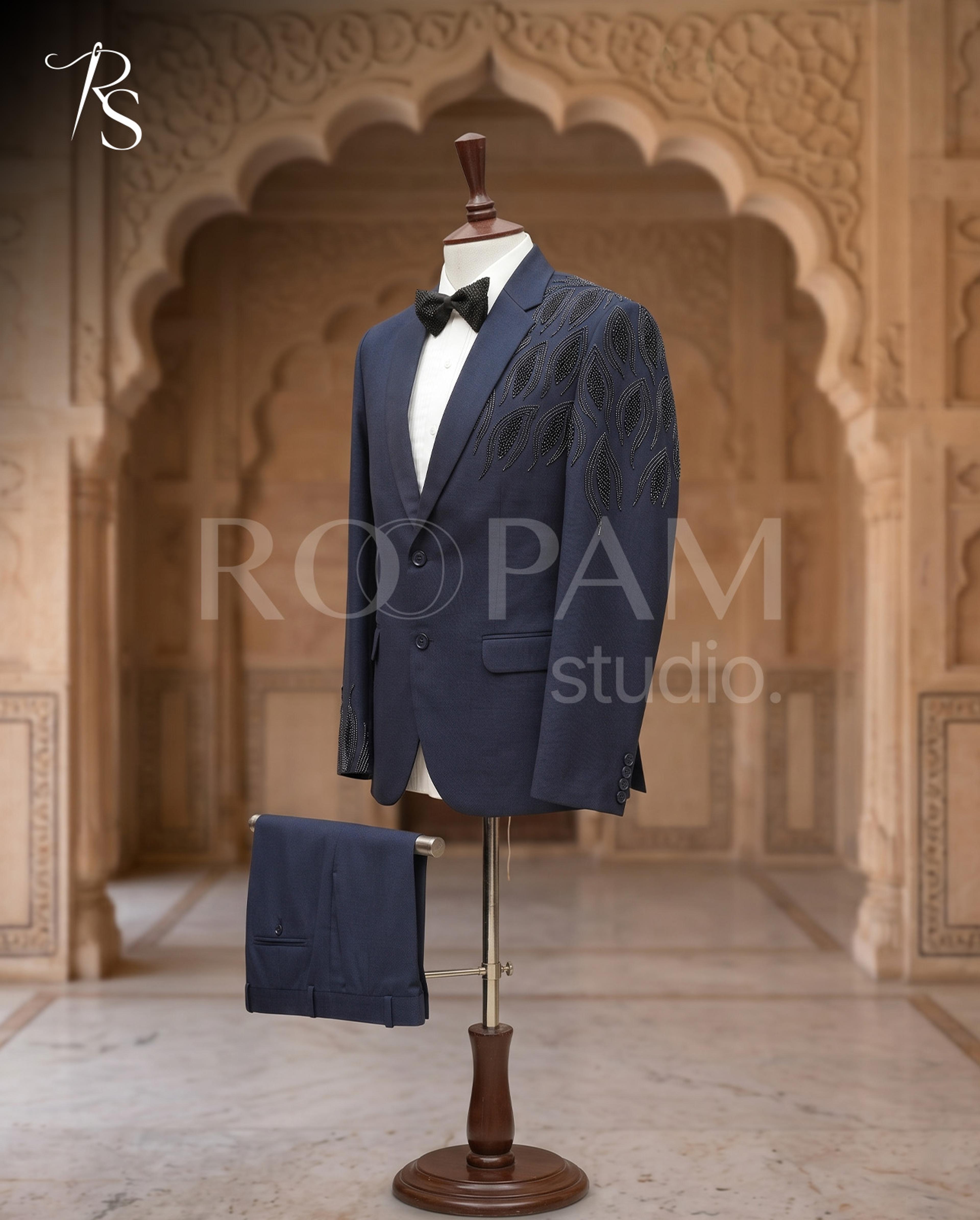 Luxury Navy Blue Asymmetrical "Leaf Motif" Beaded Pant Coat - Thumbnail 4