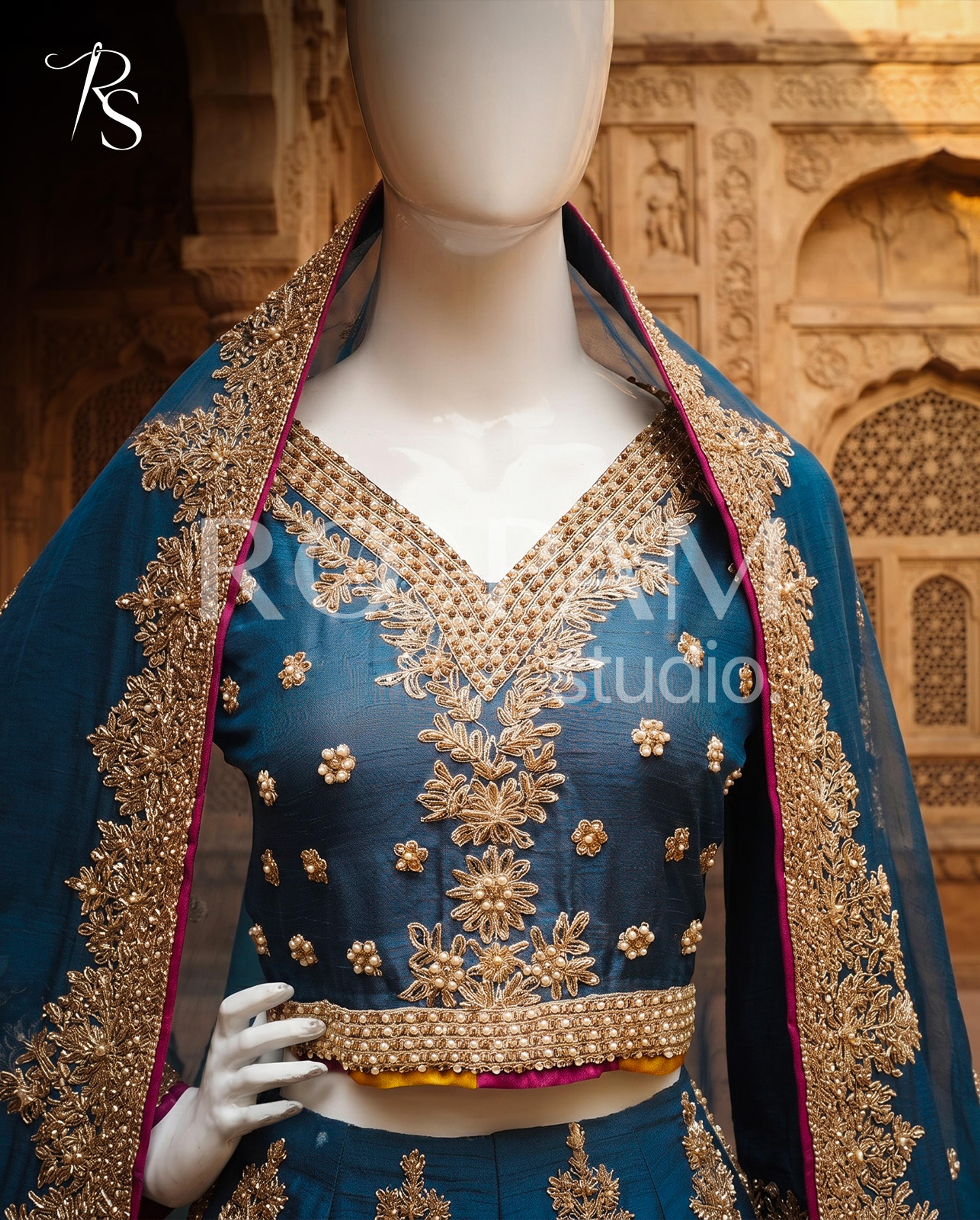 Midnight Teal Zardozi Mehndi Lehenga - Thumbnail 2