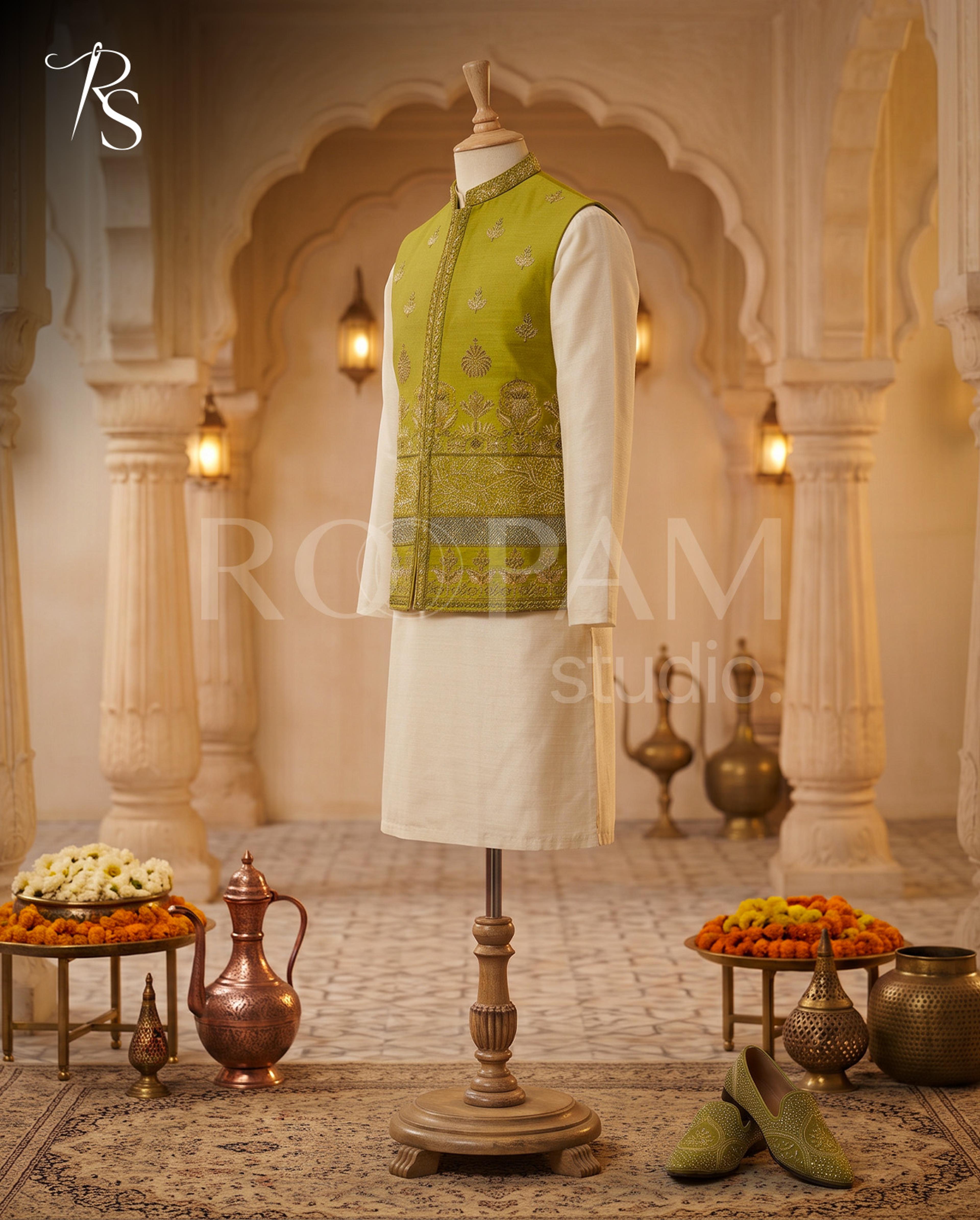 Roopam Studio Luxury Olive Yellow Embroidered Waistcoat - Thumbnail 4
