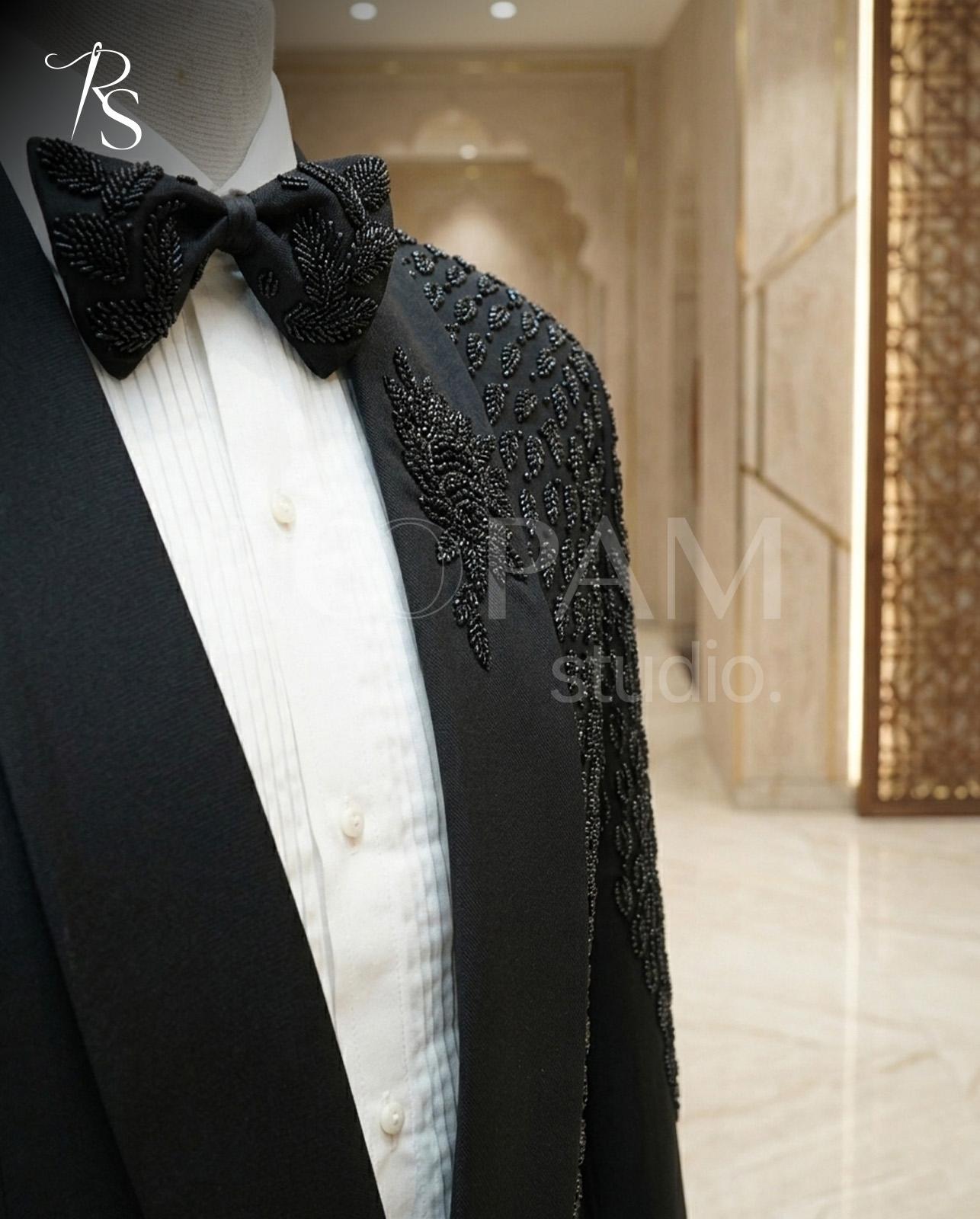 Luxury Midnight Navy Asymmetrical "Leaf Motif" Tuxedo Suit (2-Piece) - Image 1
