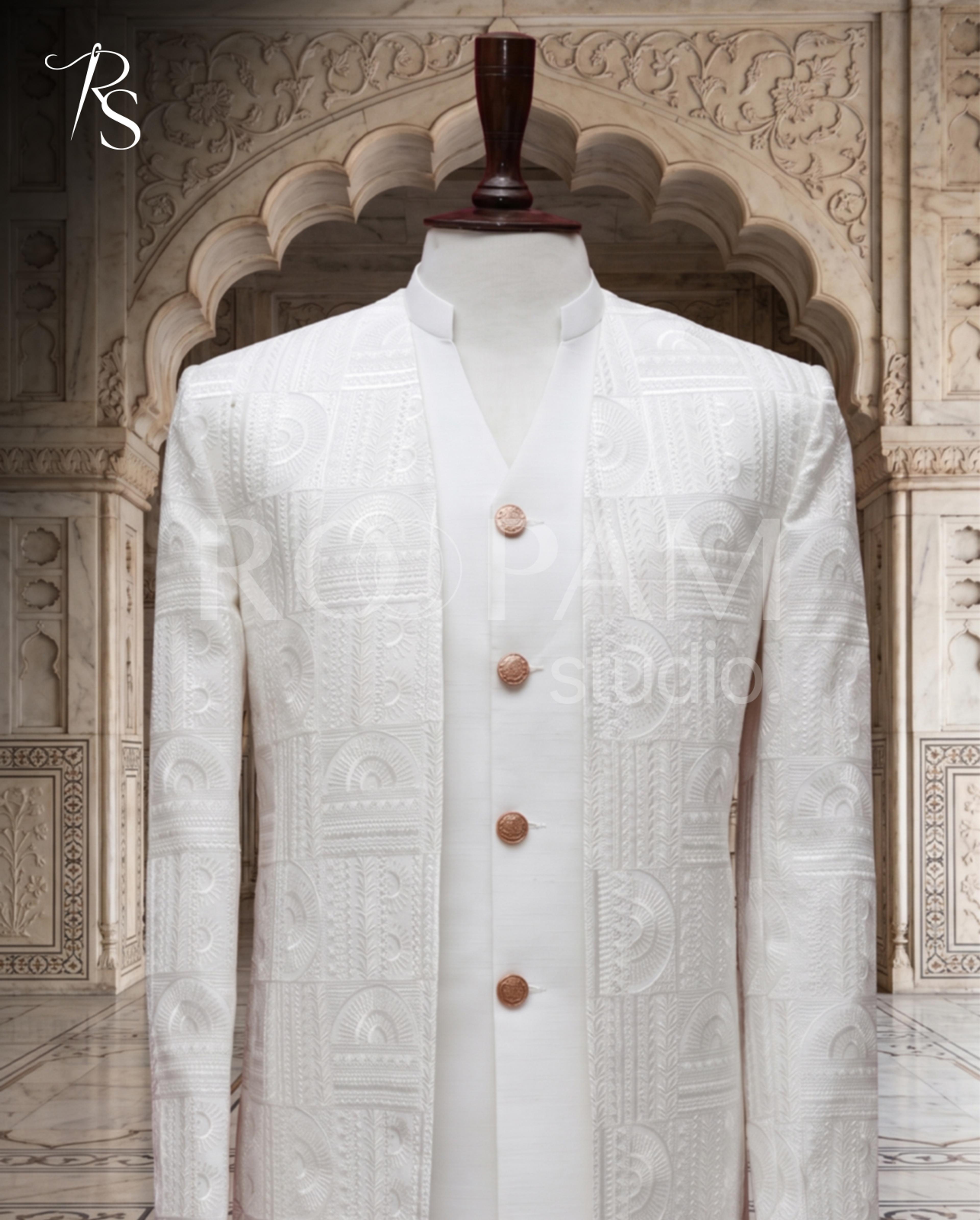 Premium White Geometric Embroidered Open Prince Coat - Thumbnail 2