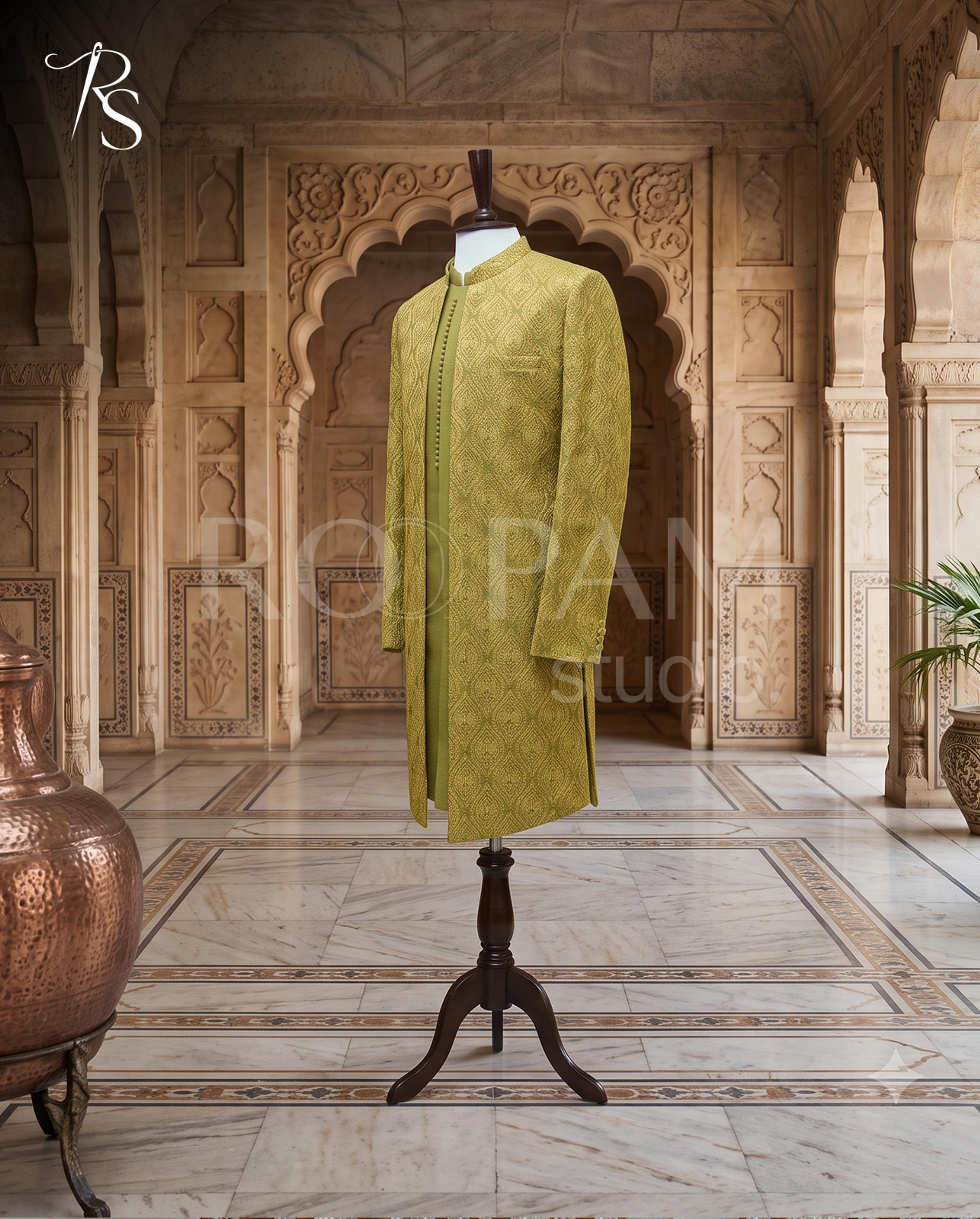 Premium Mustard Yellow Embroidered Sherwani - Thumbnail 3
