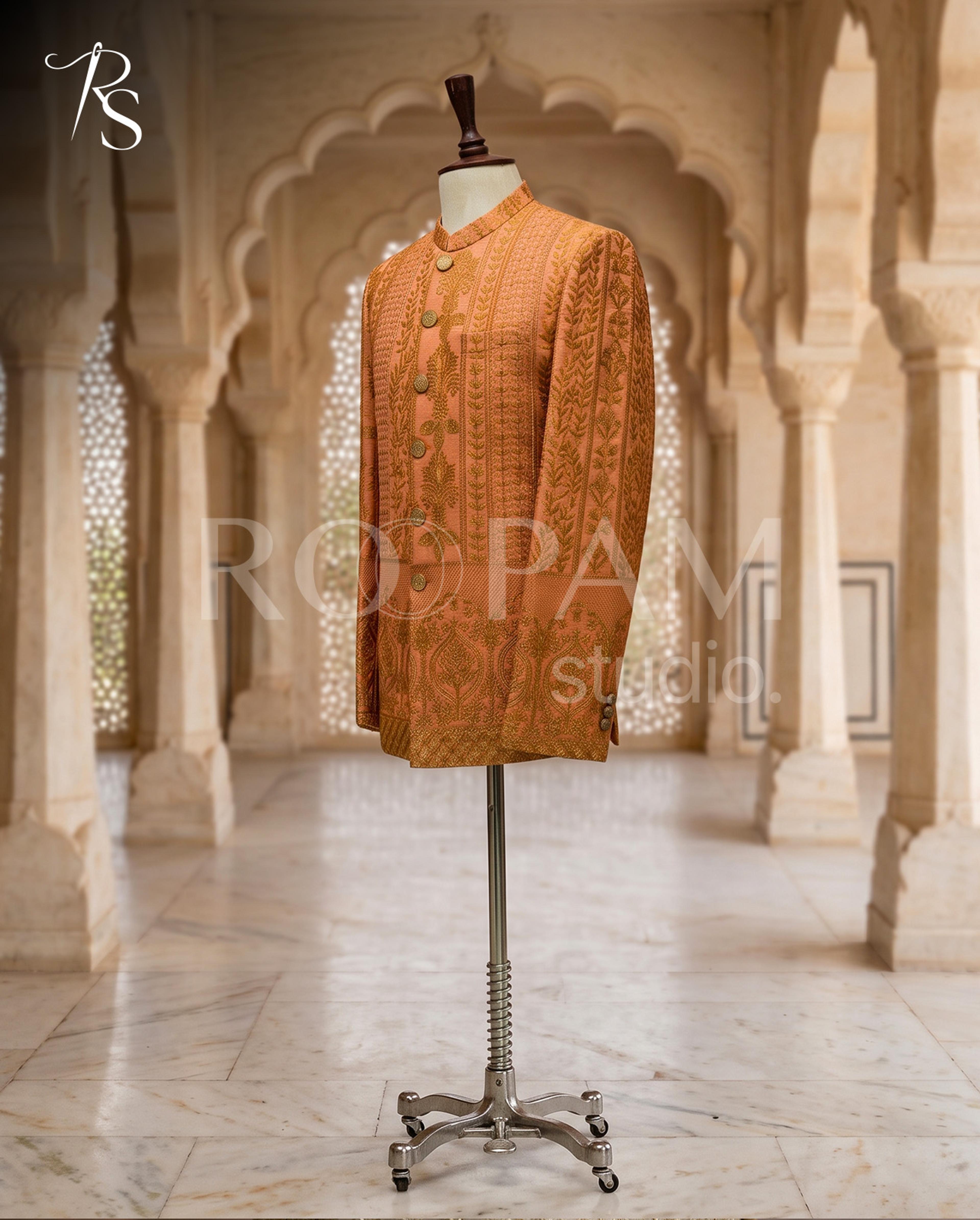 Luxury Rose Gold Floral Embroidered Prince Coat - Thumbnail 3