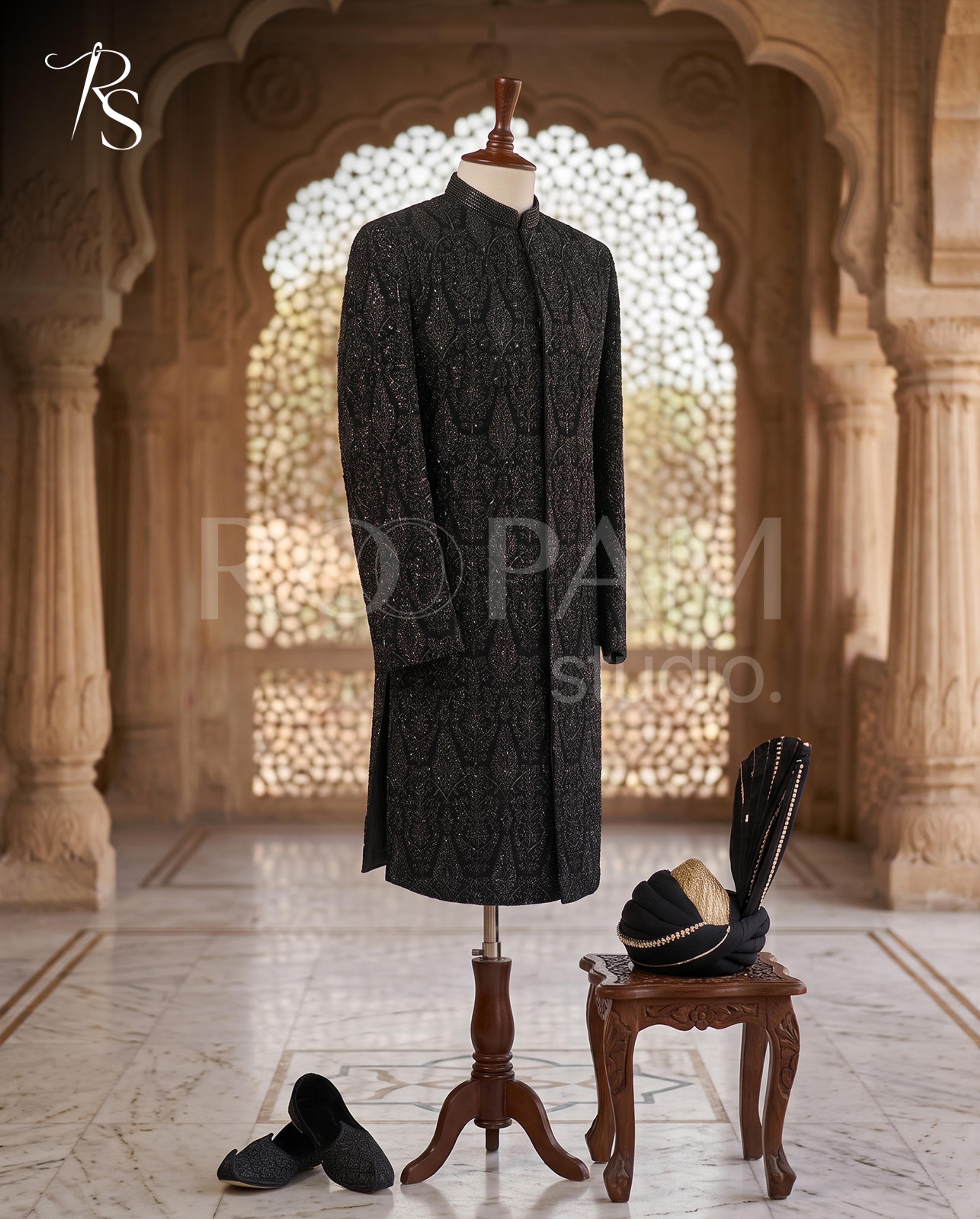 Roopam Studio Midnight Black Embellished Sherwani - Thumbnail 2