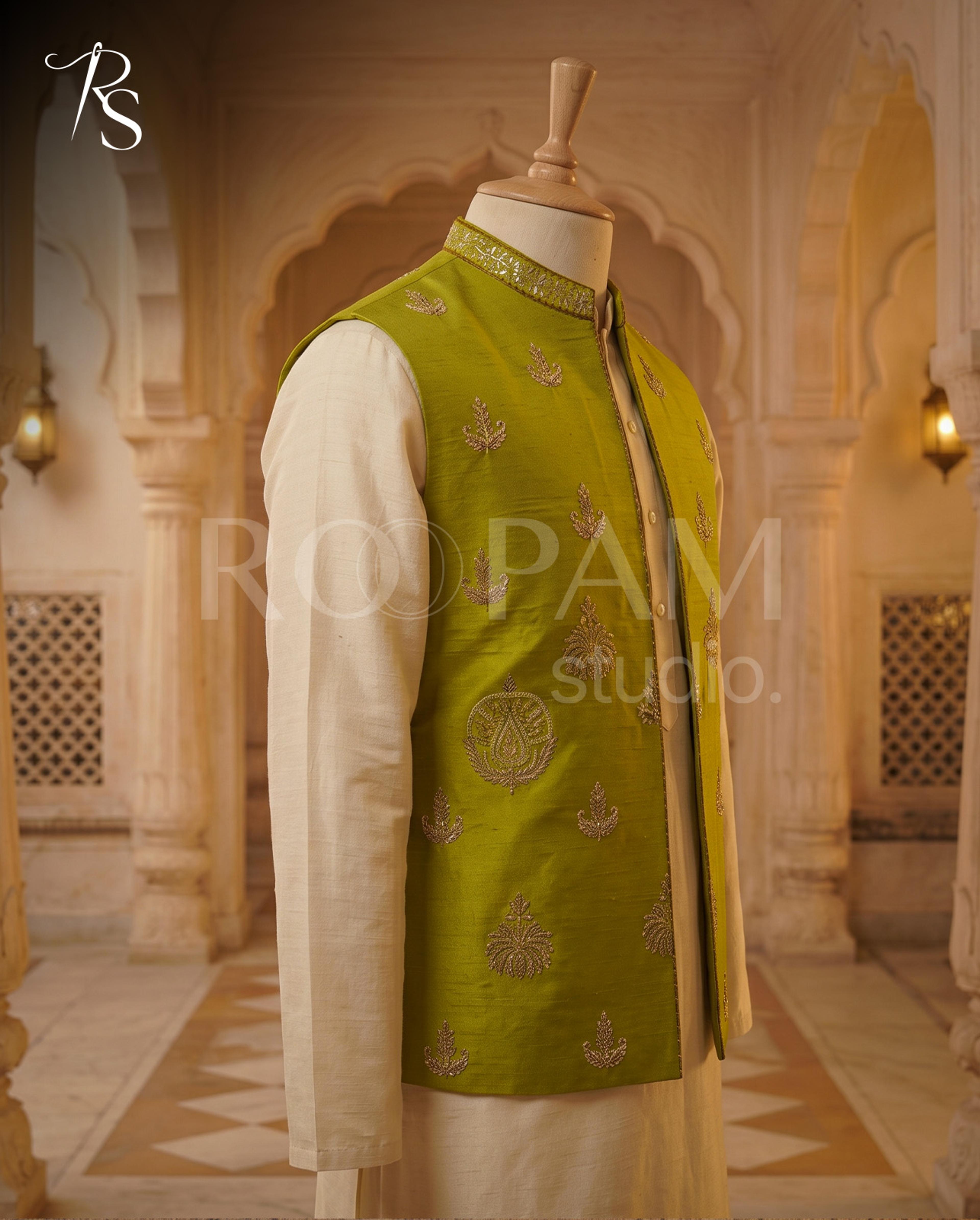 Roopam Studio Luxury Olive Yellow Embroidered Waistcoat - Thumbnail 3