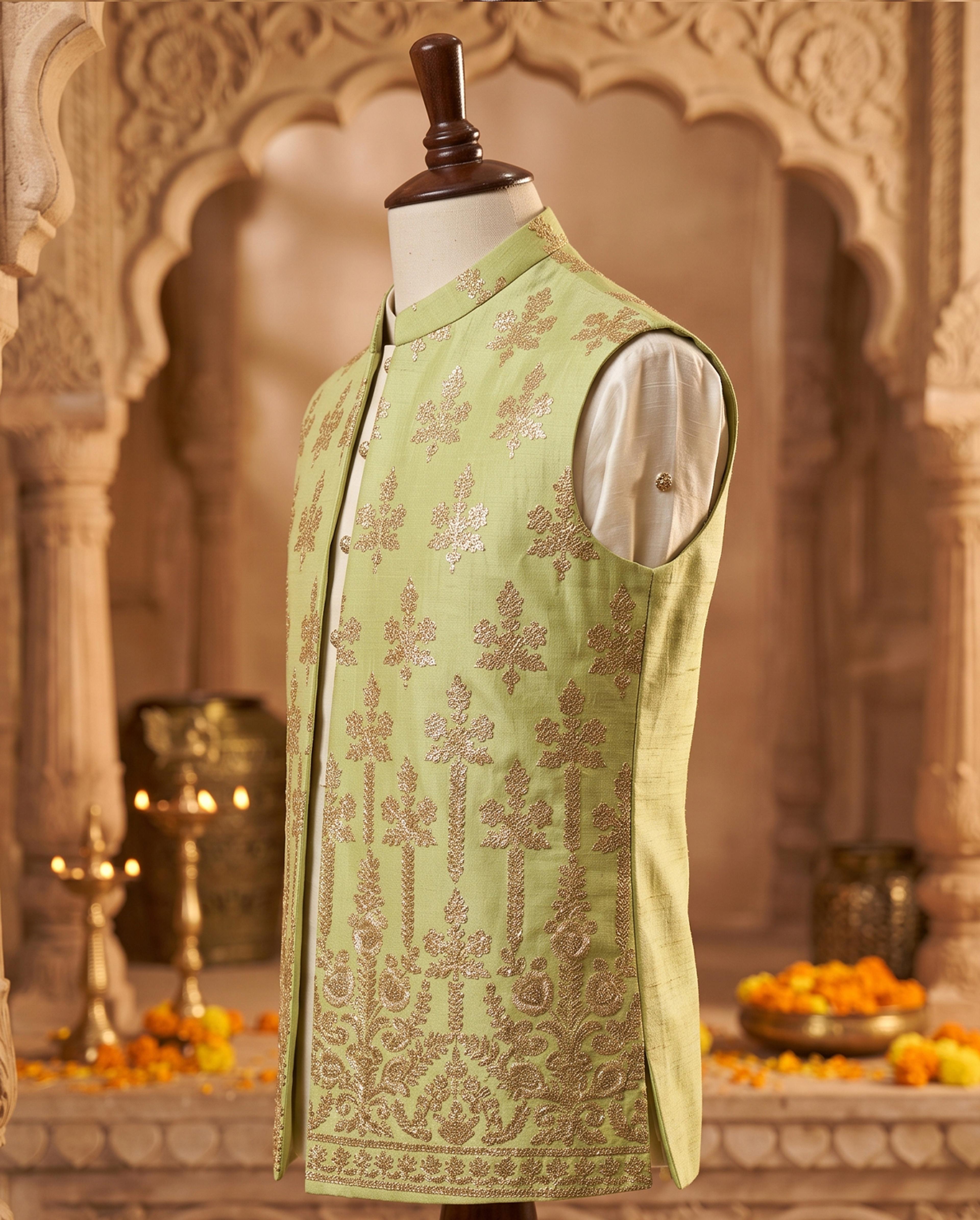 Roopam Studio Mint Green Embroidered Luxury Silk Waistcoat - Thumbnail 4