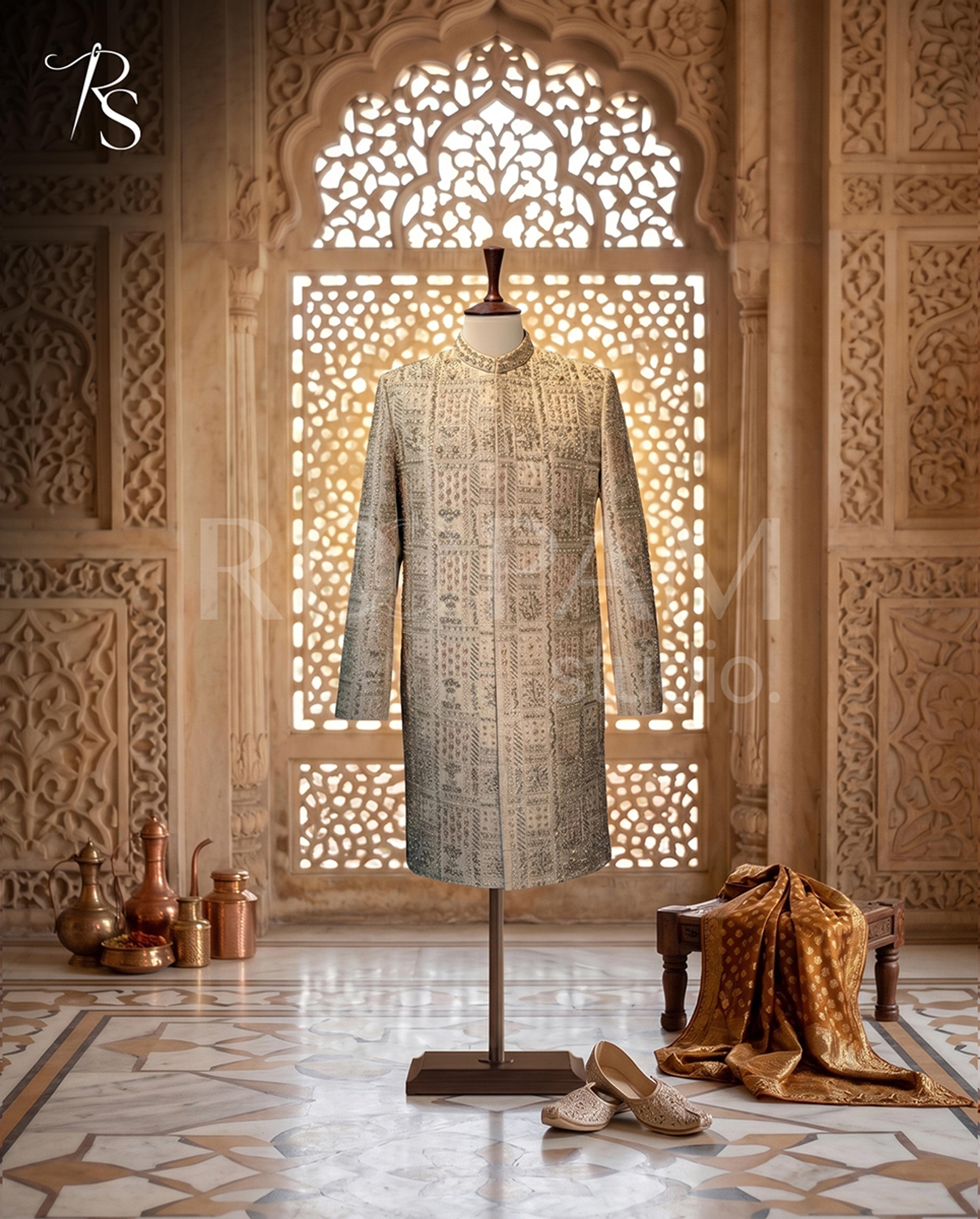 Royal Ivory Grid Embroidered Masoori Sherwani - Thumbnail 4