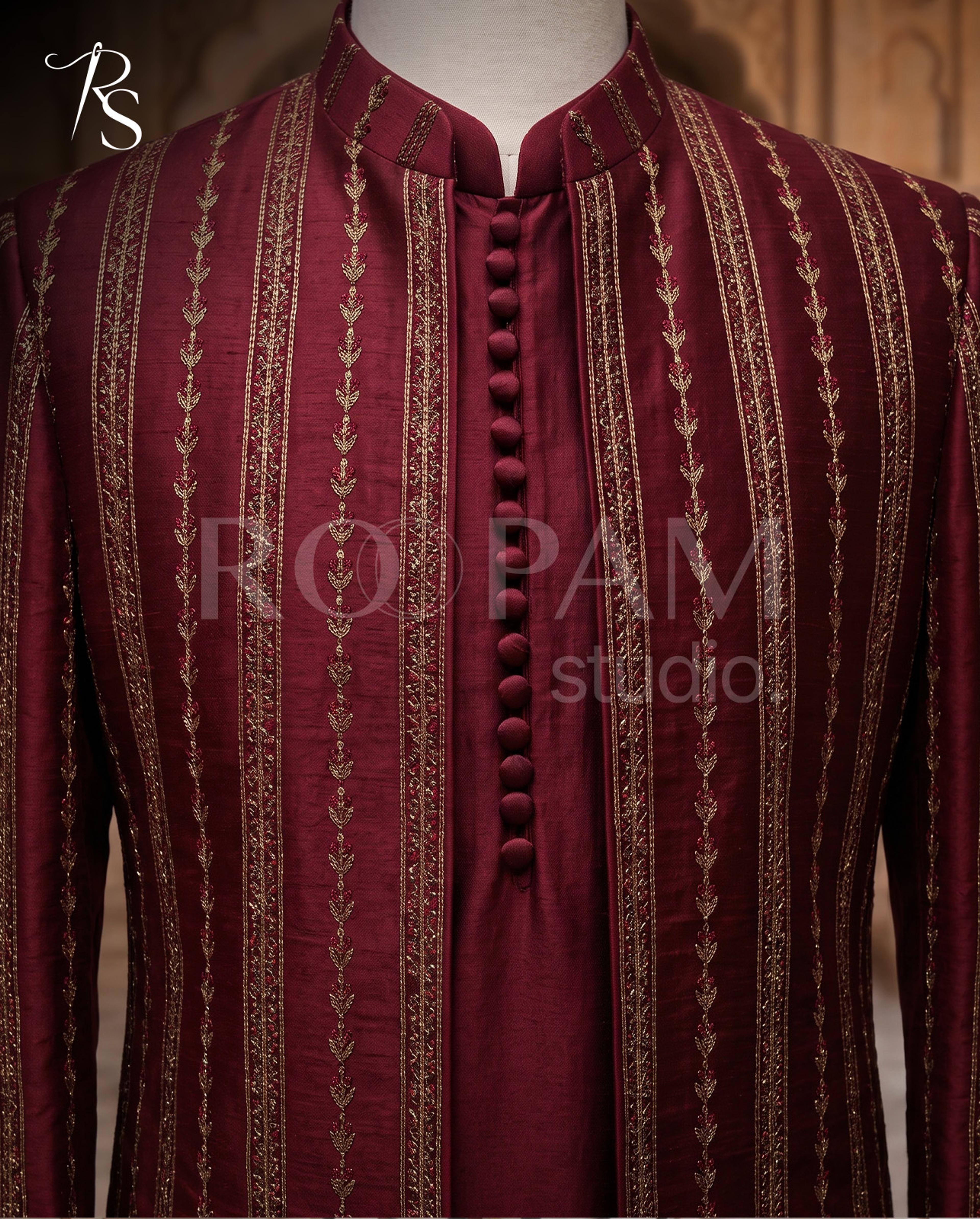 Roopam Studio Maroon Striped Embroidered Sherwani Suit - Thumbnail 3