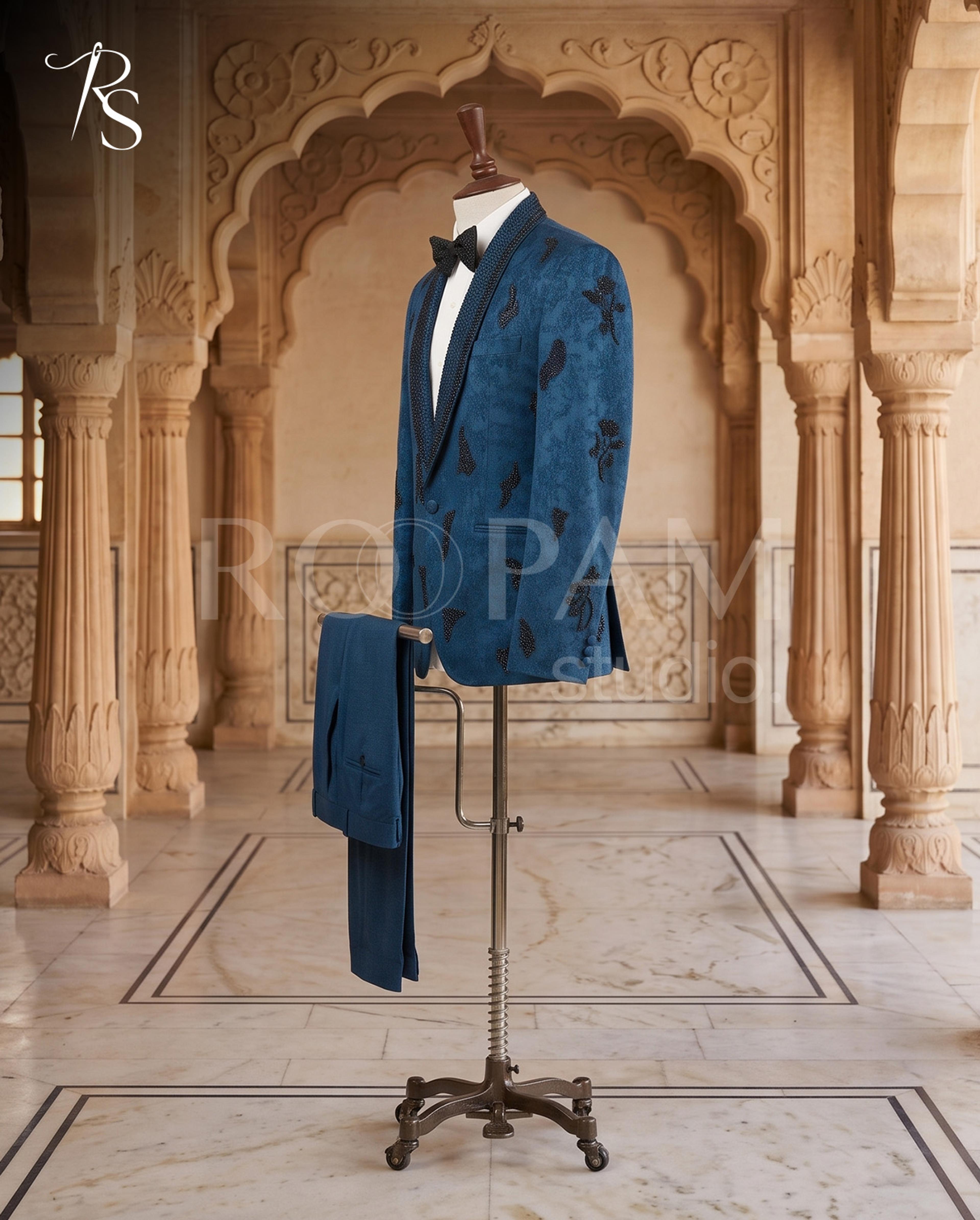 Designer Blue Hand-Work Tuxedo Pant Coat - Thumbnail 3