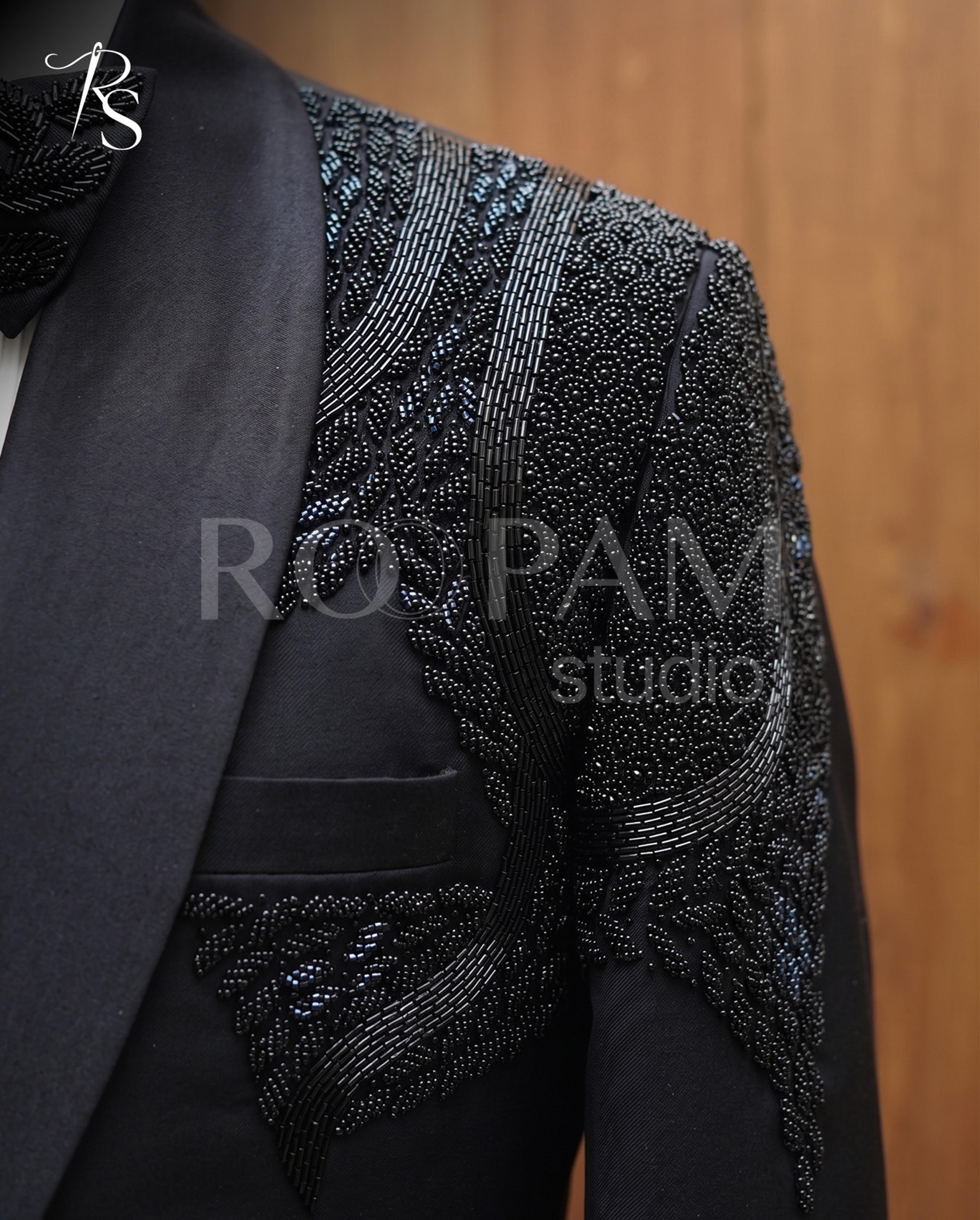 Luxury Black Hand-Embellished "Wing Motif" Tuxedo Suit (2-Piece)