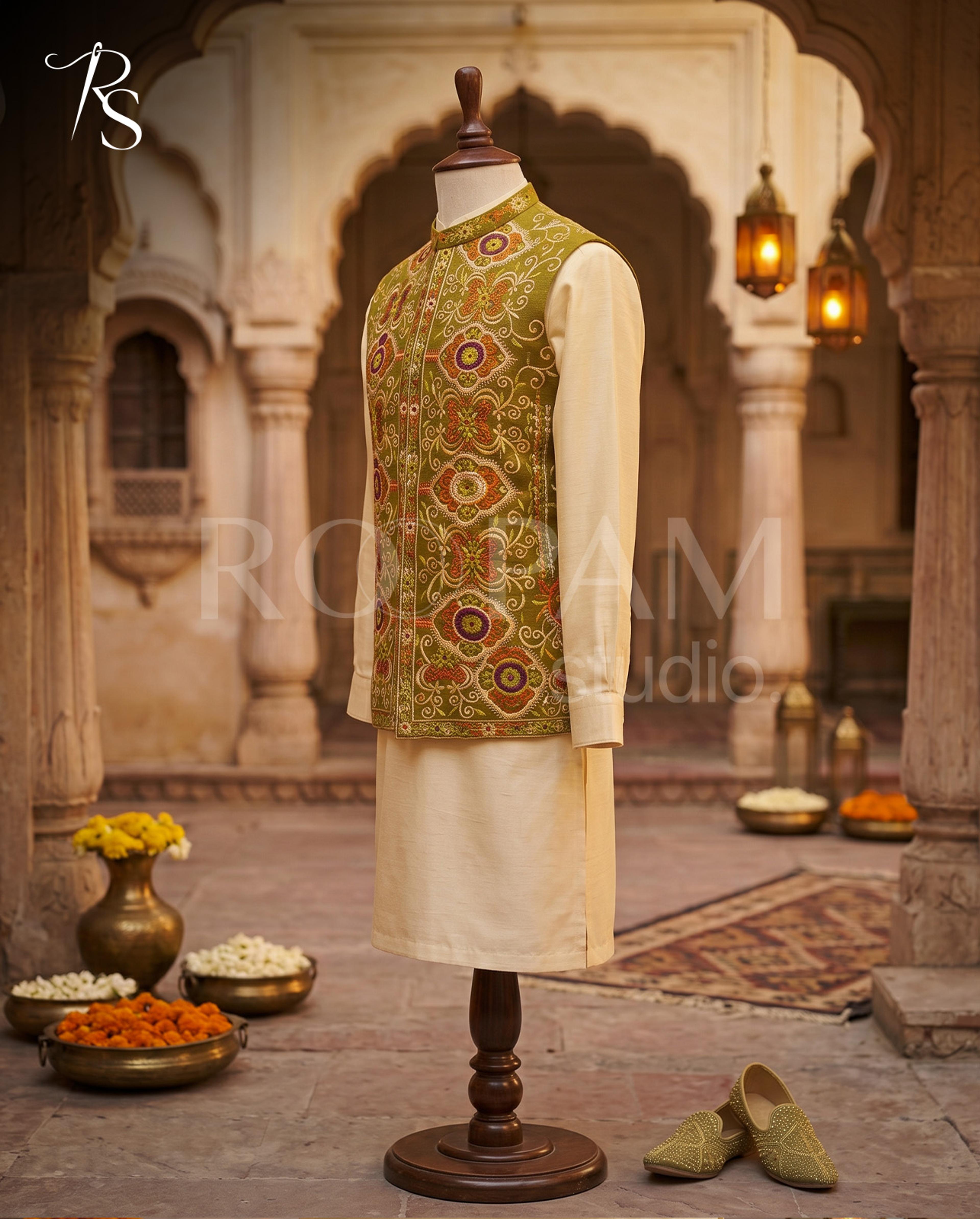 Roopam Studio Luxury Olive Green Embroidered Waistcoat - Thumbnail 4